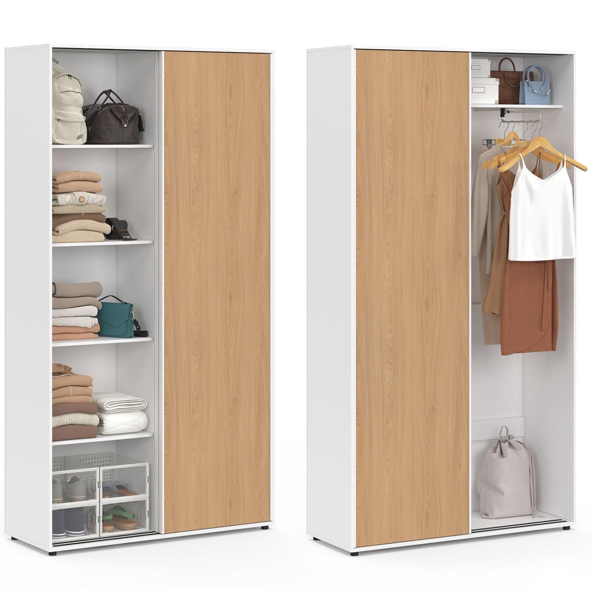 Voir la diapositive 3 : ID MARKET Armoire 2 portes coulissantes slidea blanc et bois 100 cm penderie avec étagères rangement maxi capacité