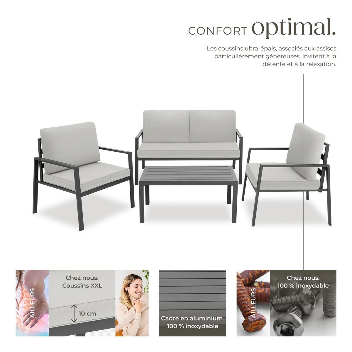 tectake Salon de jardin avec cadre en aluminium, pour 4 personnes gris clair