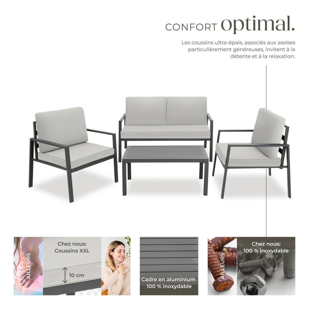 tectake Salon de jardin avec cadre en aluminium, pour 4 personnes gris clair