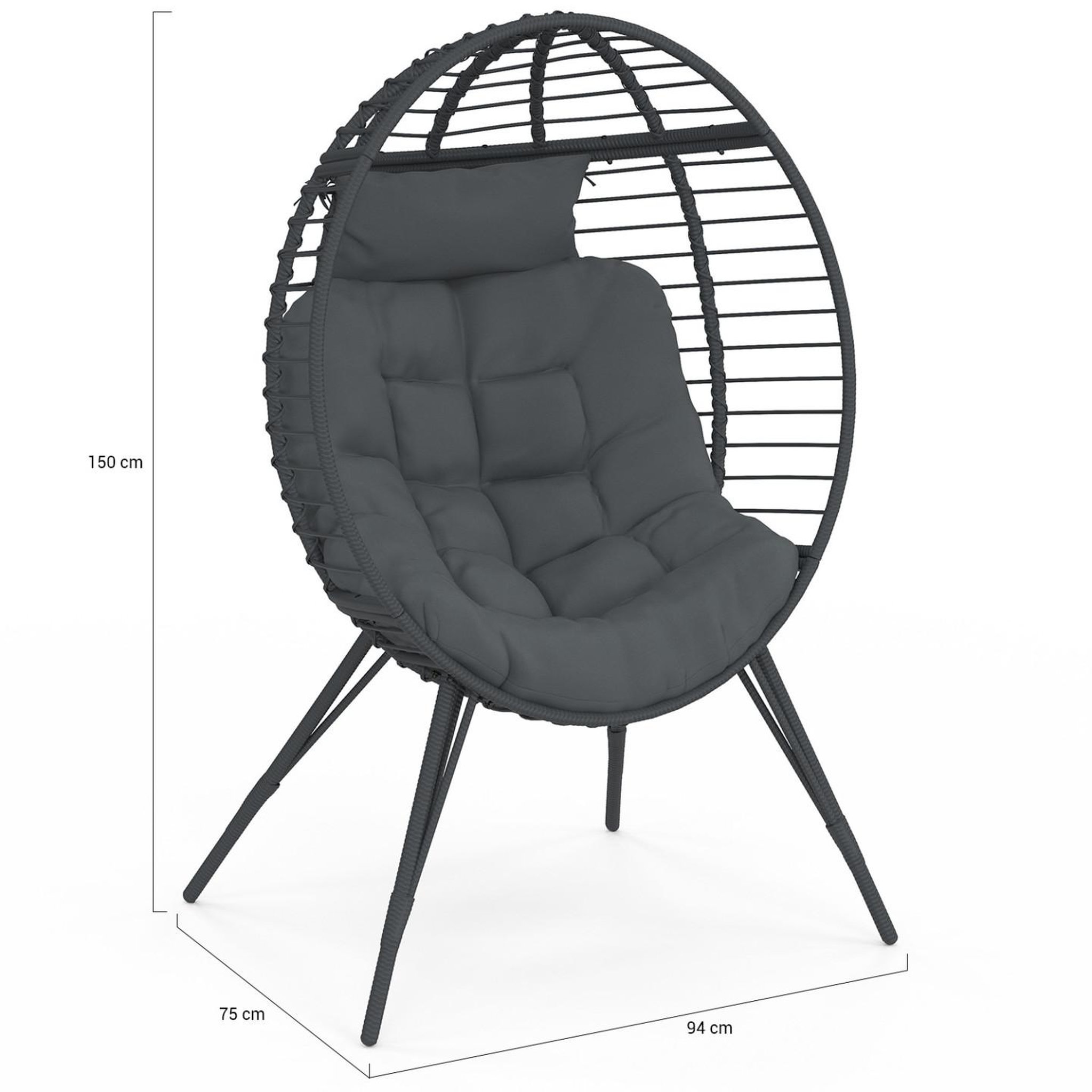 Voir la diapositive 5 : ID MARKET Fauteuil oeuf sur pied ajouré gris effet rotin avec coussin gris