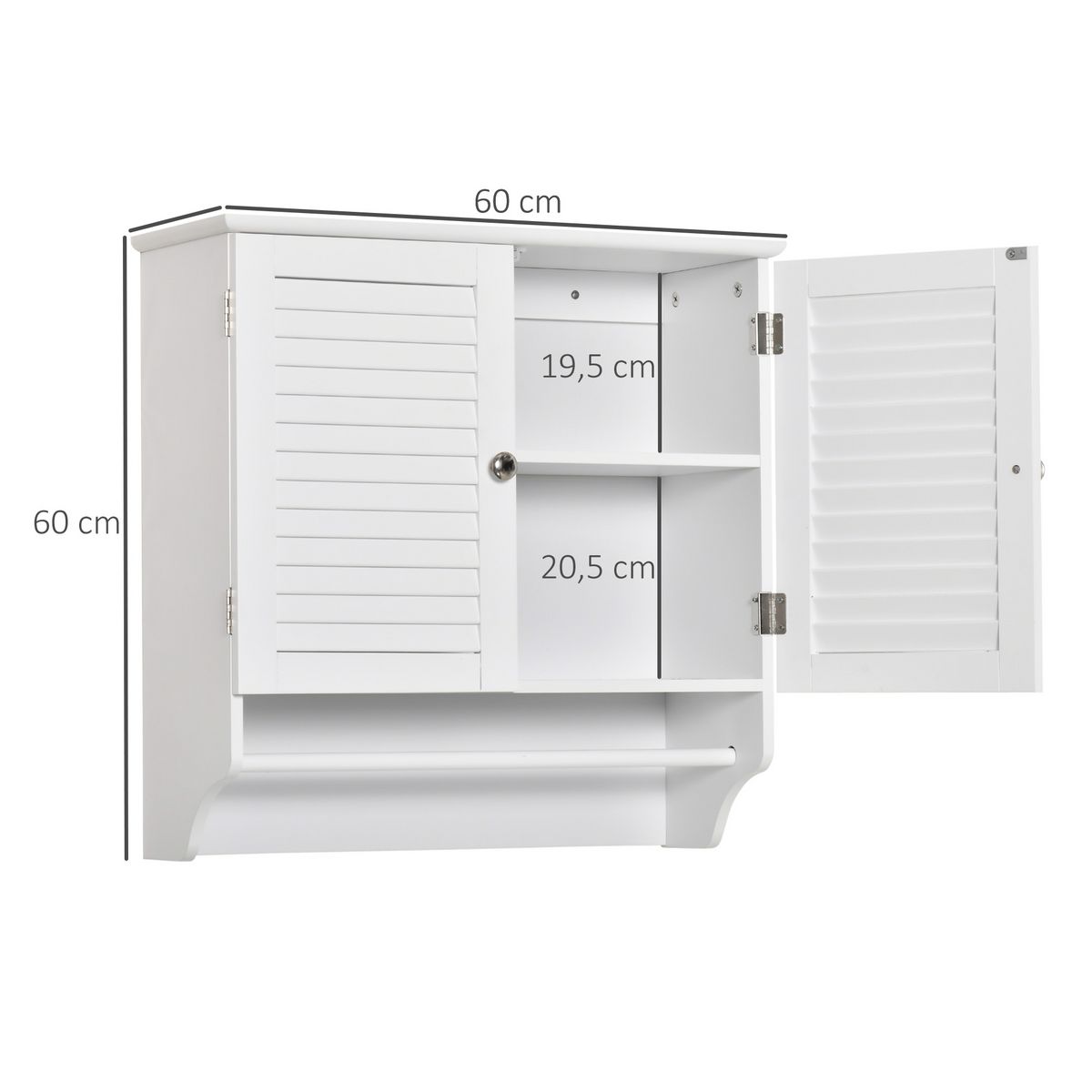 KLEANKIN Armoire haute murale salle de bain ou WC - placard 2 portes persiennes avec étagère - porte-serviette - MDF blanc