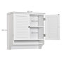 Voir la diapositive 3 : KLEANKIN Armoire haute murale salle de bain ou WC - placard 2 portes persiennes avec étagère - porte-serviette - MDF blanc