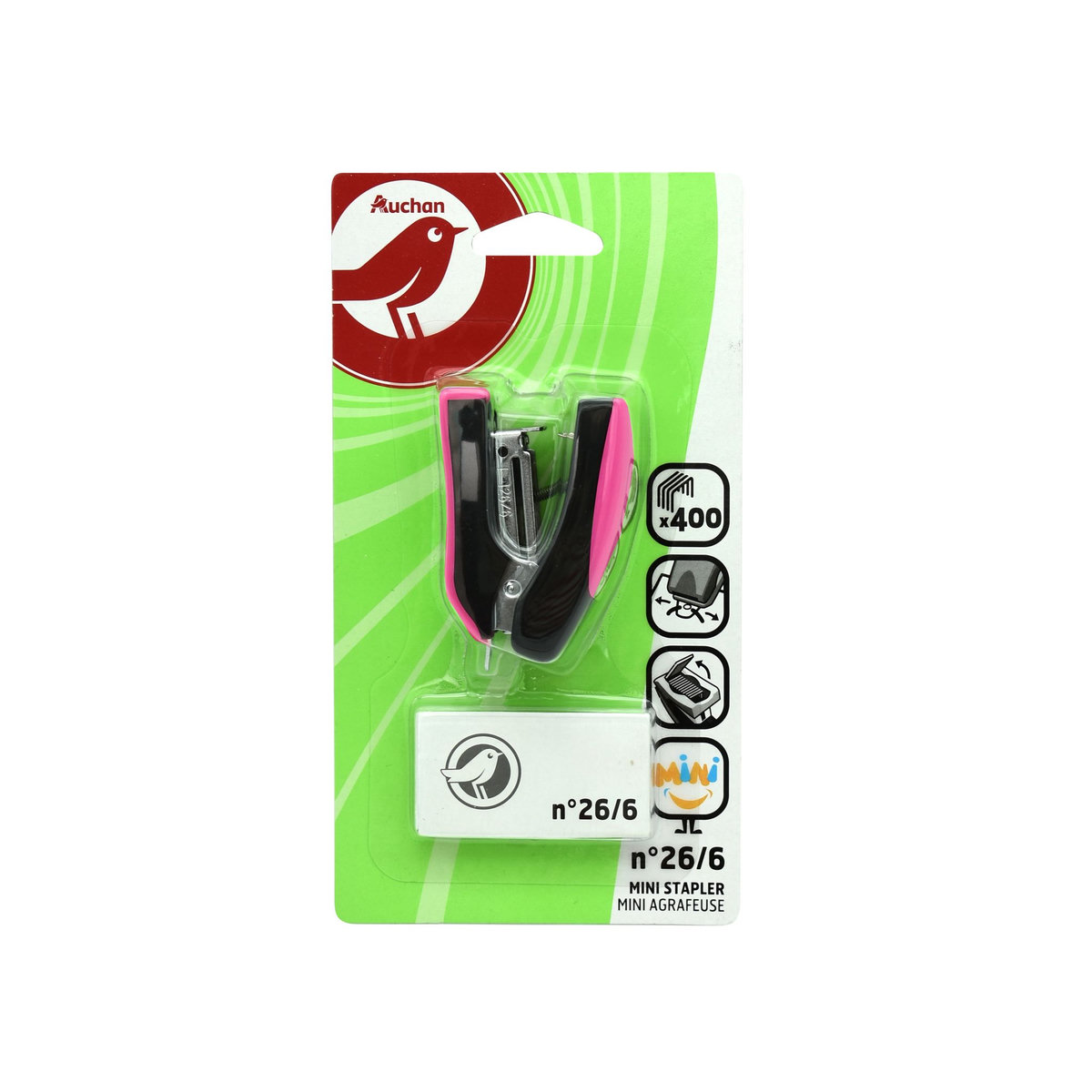 AUCHAN Mini agrafeuse + 400 agrafes n°26/6 - coloris aléatoire
