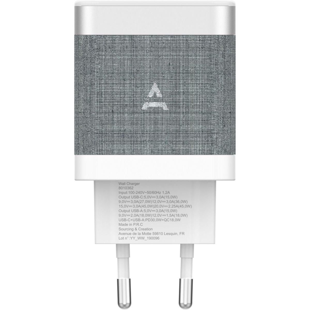 ADEQWAT Chargeur 45W PowerDelivery USB + USB-C Blanc