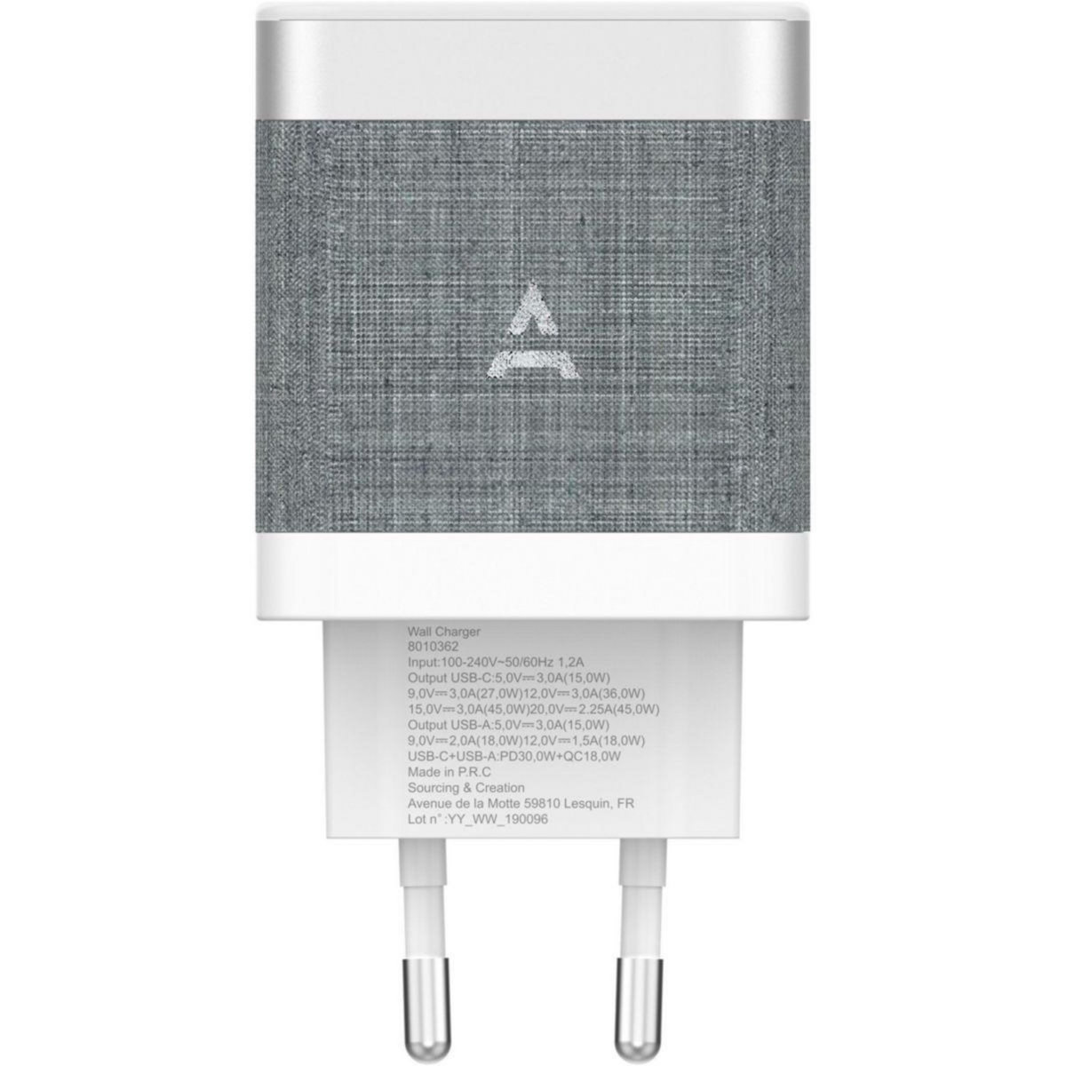 ADEQWAT Chargeur 45W charge rapide USB + USB-C Blanc