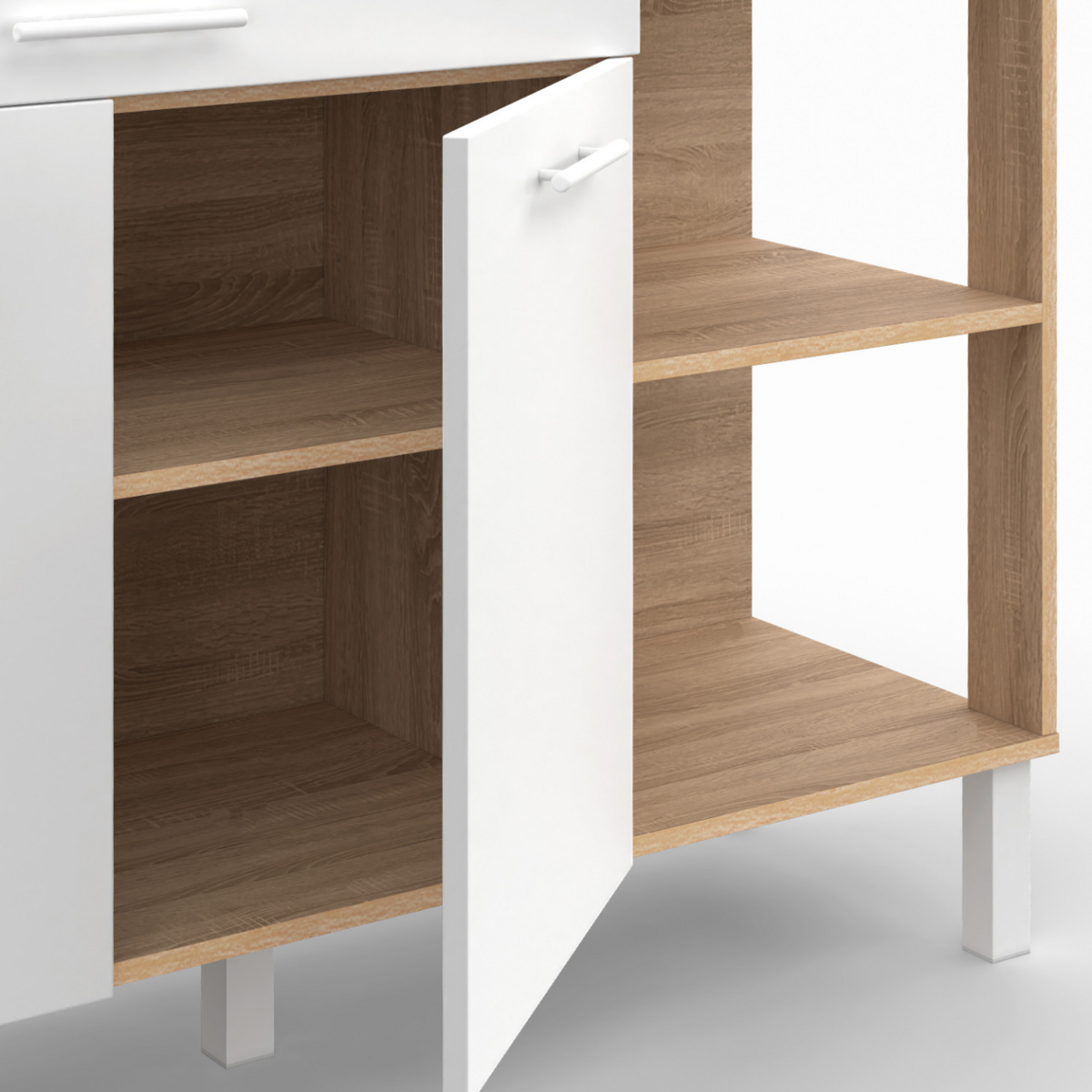 ID MARKET Buffet bas de cuisine 120 cm CINA plan de travail H.83 cm 2 portes + tiroir façon hêtre et blanc