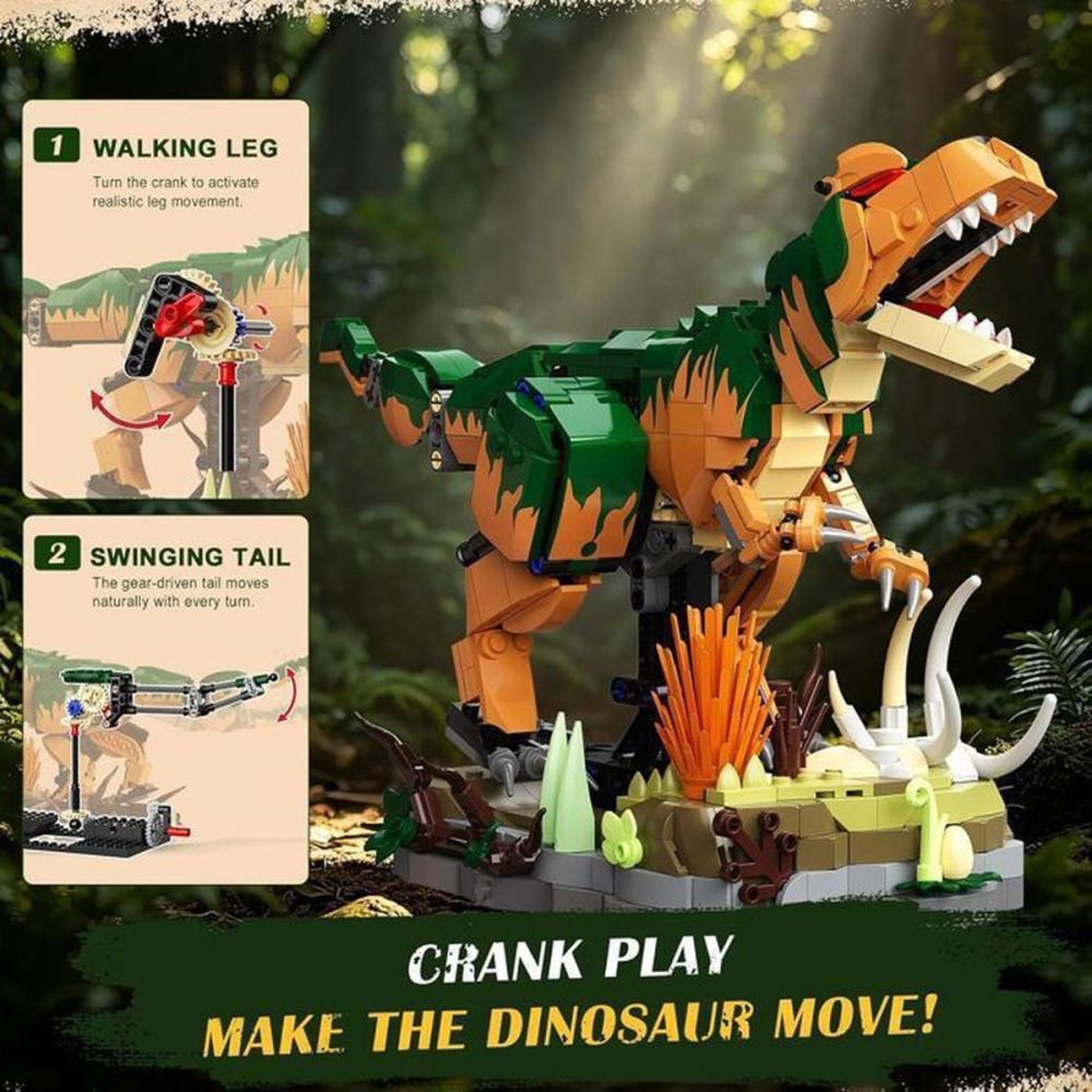Voir la diapositive 3 : Coffret de construction mécanique dinosaure préhistorique 842 pièces à engrenages animés, système d'action par manivelle