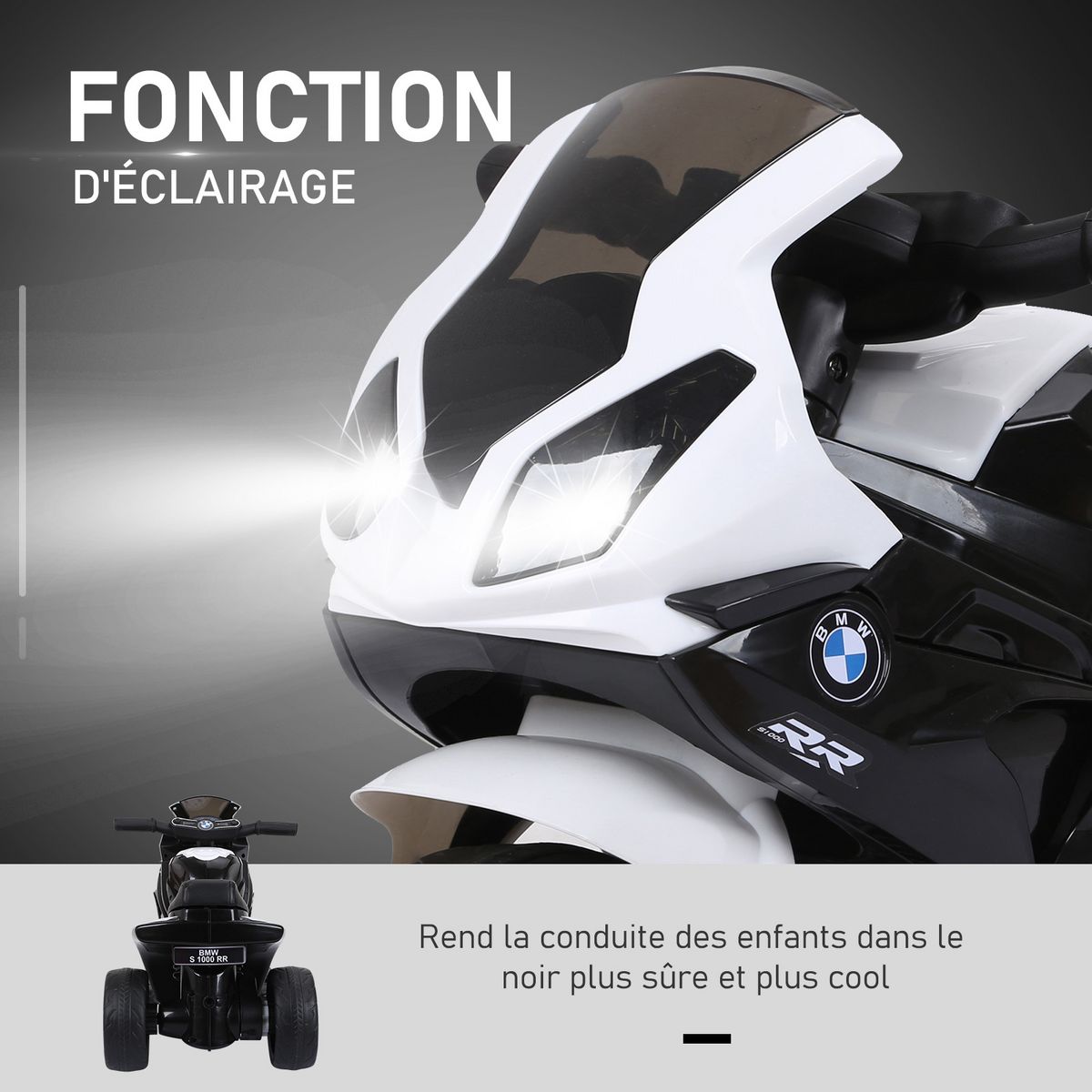 BMW Moto électrique pour enfants 3 roues 6 V 2,5 Km/h effets lumineux et sonores noir BMW S1000 RR
