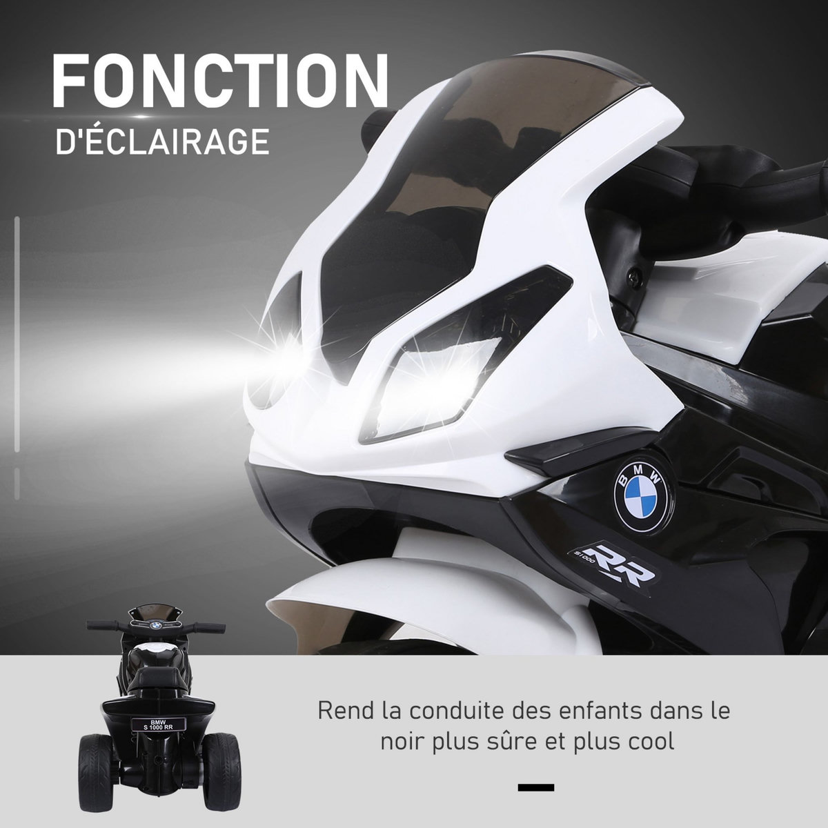 BMW Moto électrique pour enfants 3 roues 6 V 2,5 Km/h effets lumineux et sonores noir BMW S1000 RR