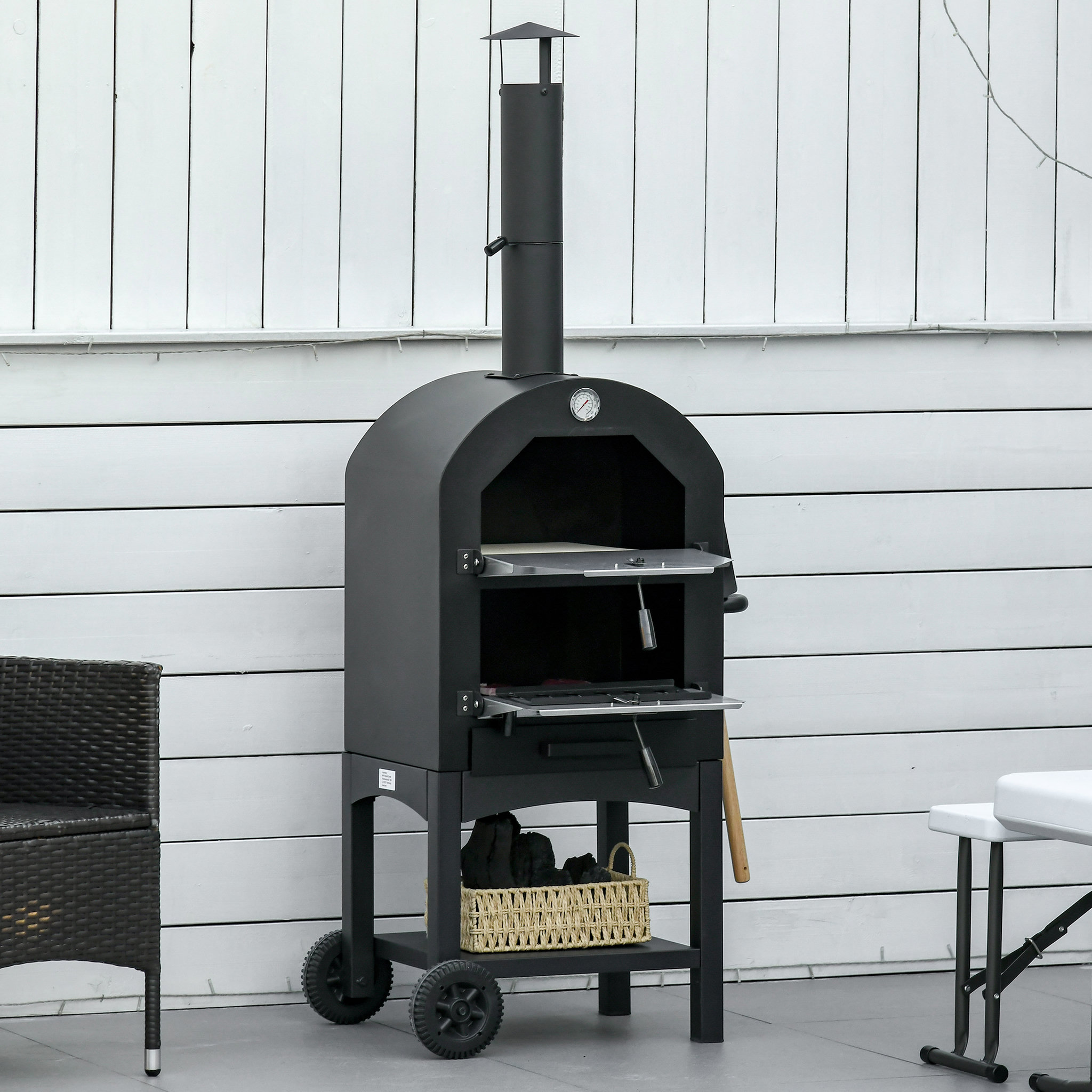 Voir la diapositive 4 : OUTSUNNY Four à pizza extérieur au charbon de bois - barbecue sur roulettes - four à bois - pierre réfractaire - cheminée, jauge température - acier au carbone noir gris