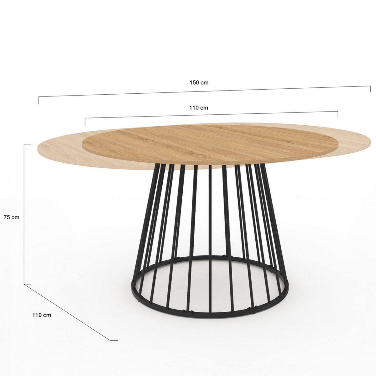 ID MARKET Table à manger extensible ronde YUNA 4-8 pers plateau bois et pied filaire en métal 110 - 150 cm