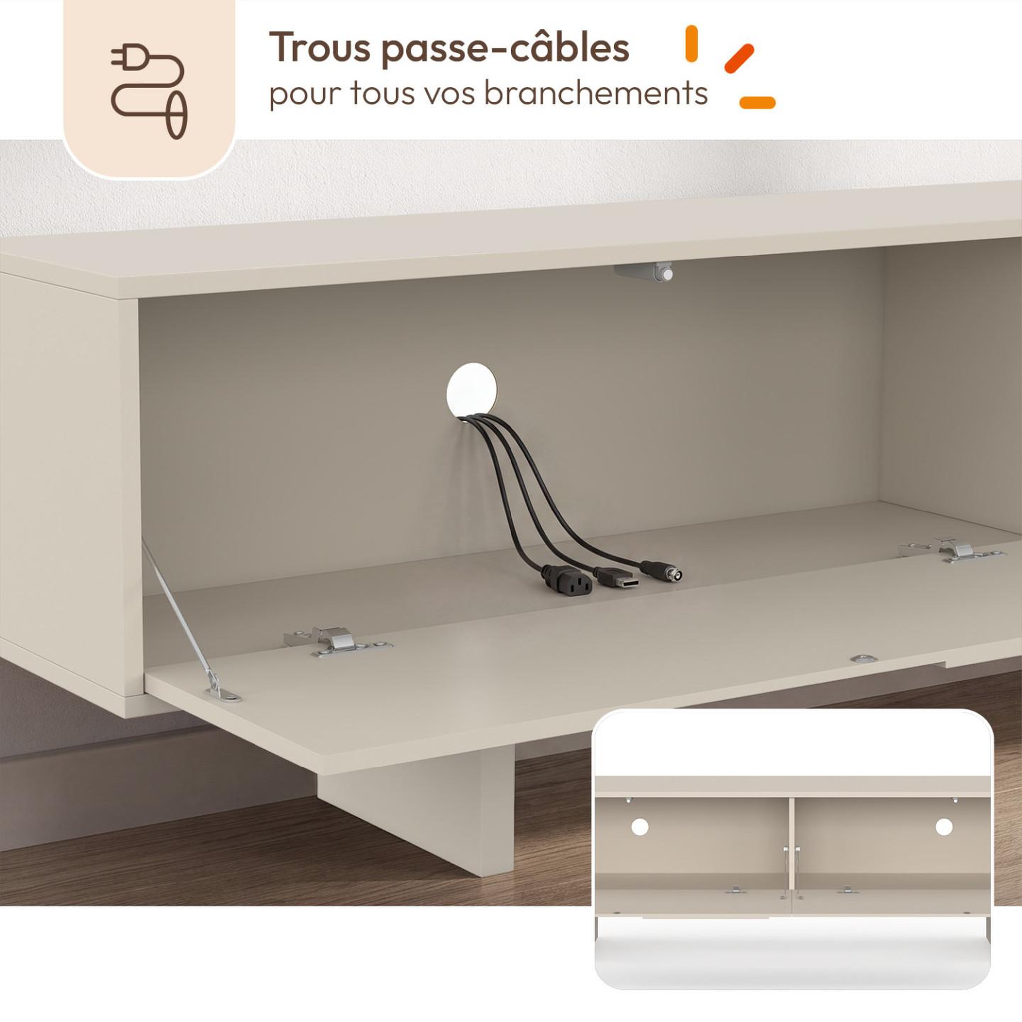 Voir la diapositive 6 : ID MARKET Meuble TV 180 cm ARVIN 2 portes avec reliefs arrondis bois coloris beige