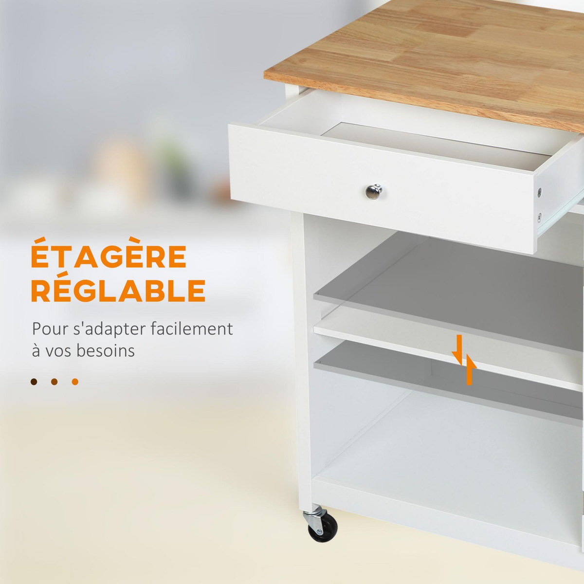 HOMCOM Desserte de cuisine à roulettes multi-rangement - placard porte vitrée avec étagère réglable, tiroir, porte-torchon - blanc aspect chêne clair