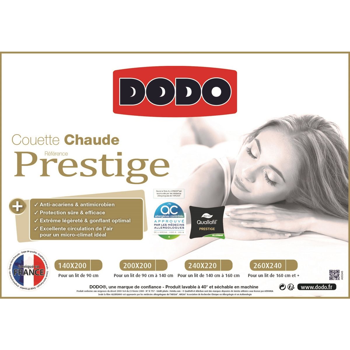 DODO Couette prestige traitée anti-acarien Allerban 350g/m²