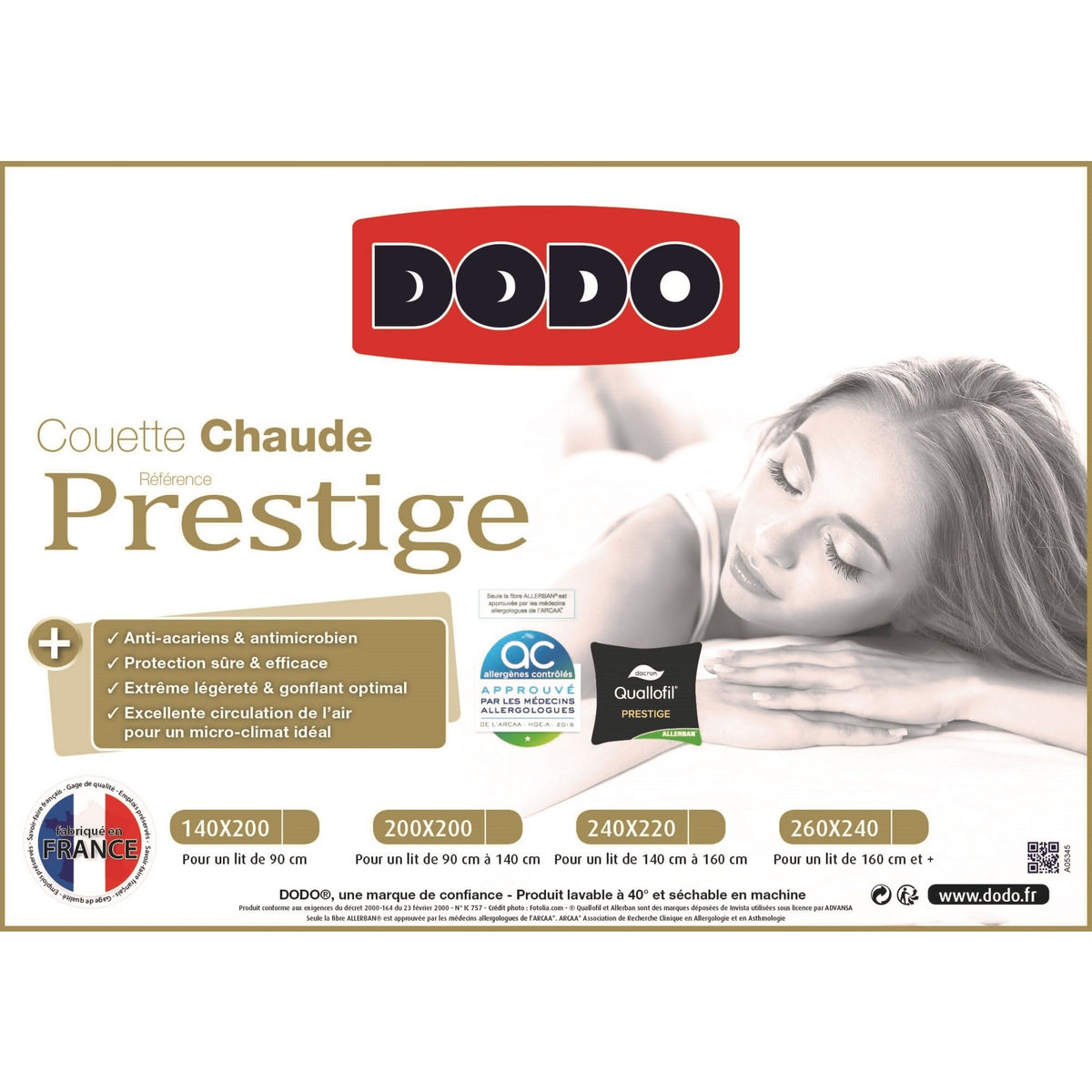 DODO Couette prestige traitée anti-acarien Allerban 350g/m²