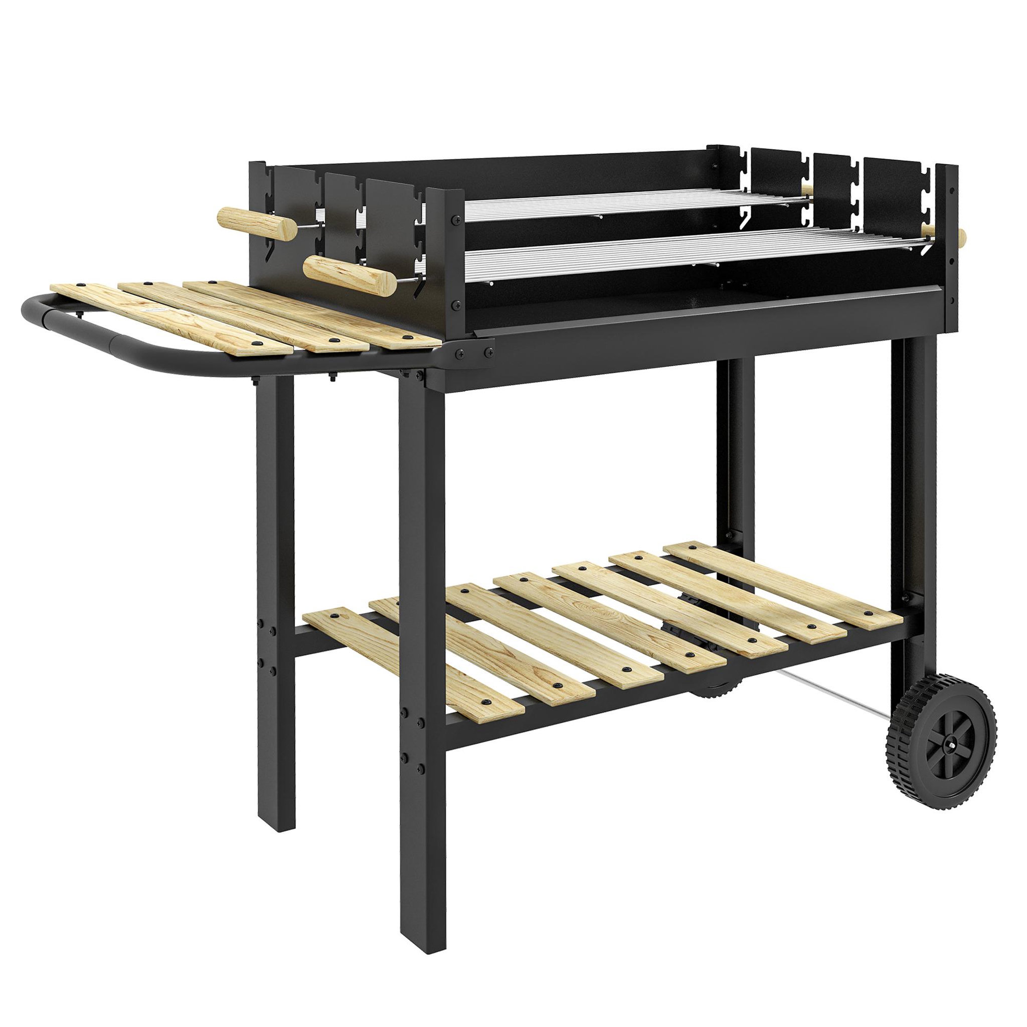 OUTSUNNY Barbecue à charbon sur pied double grille réglable 2 roues 2 étagères noir