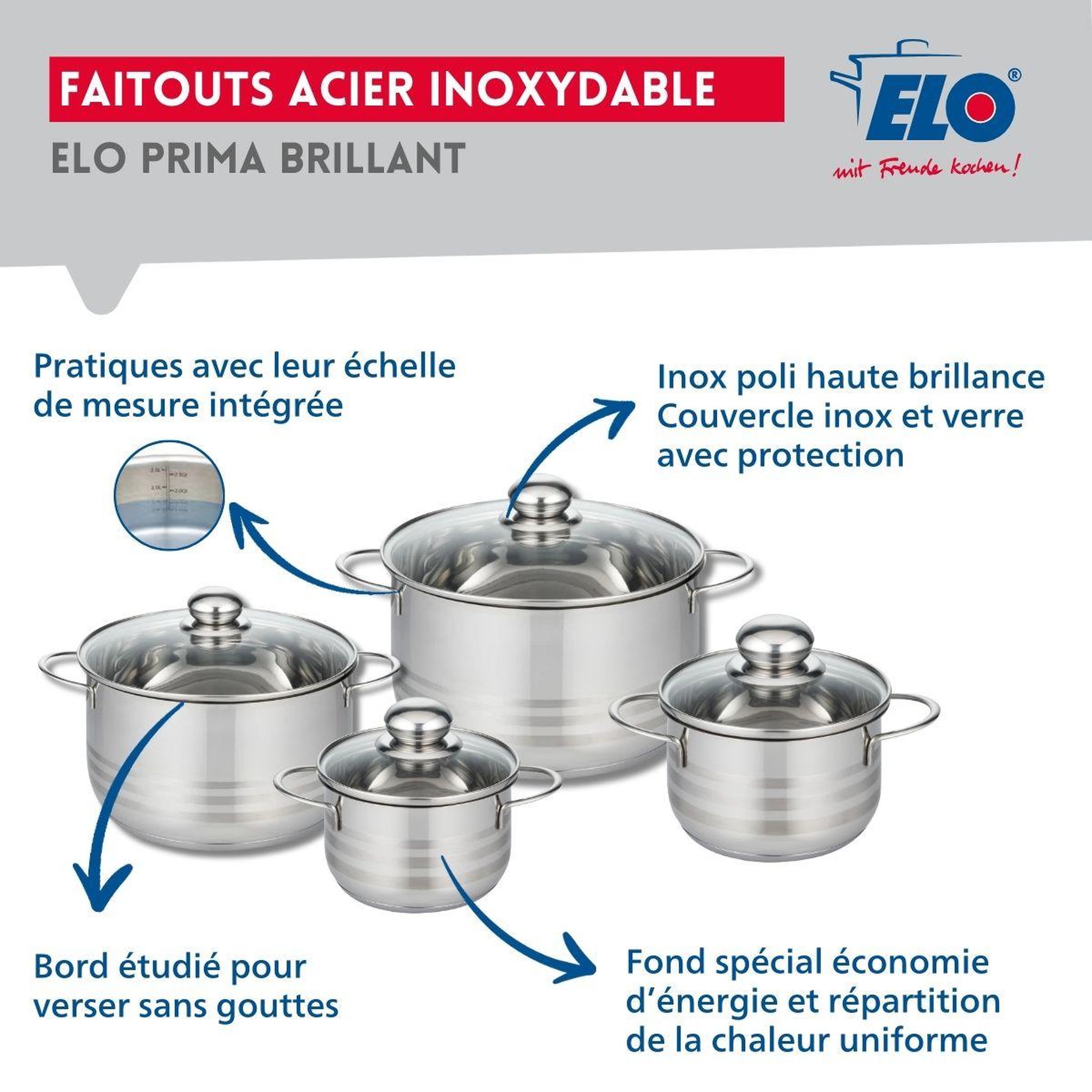 Voir la diapositive 3 : ELO Ensemble de 2 poêles de cuisson 24 et 28 cm et 4 faitouts 14, 16, 20 et 24 cm elo profi brillant