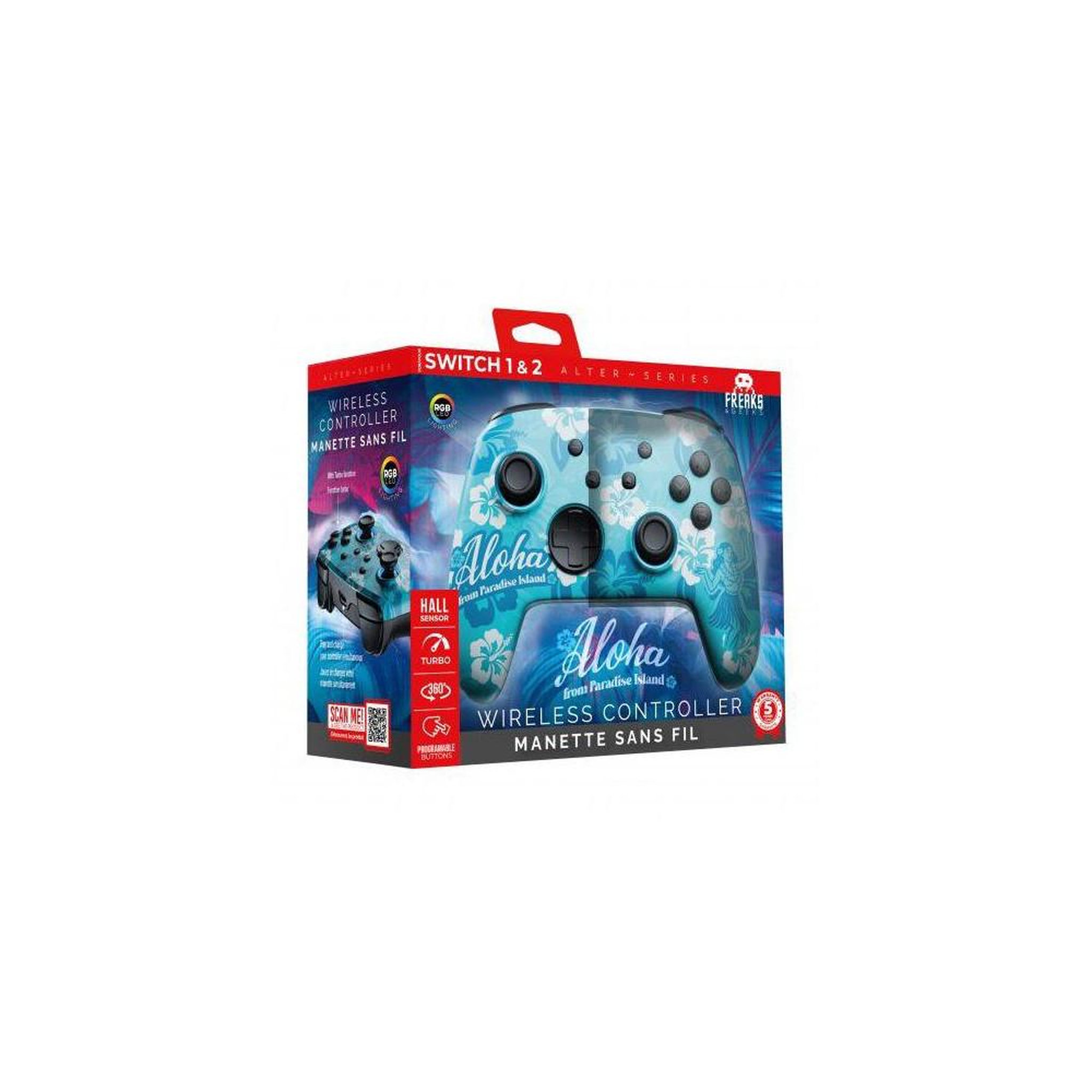 Voir la diapositive 2 : FREAKS AND GEEKS Manette sans fil RGB Aloha pour Nintendo Switch 1&2 et PC, thème floral tropical teal/bleu, boutons noirs et sticks analogiques