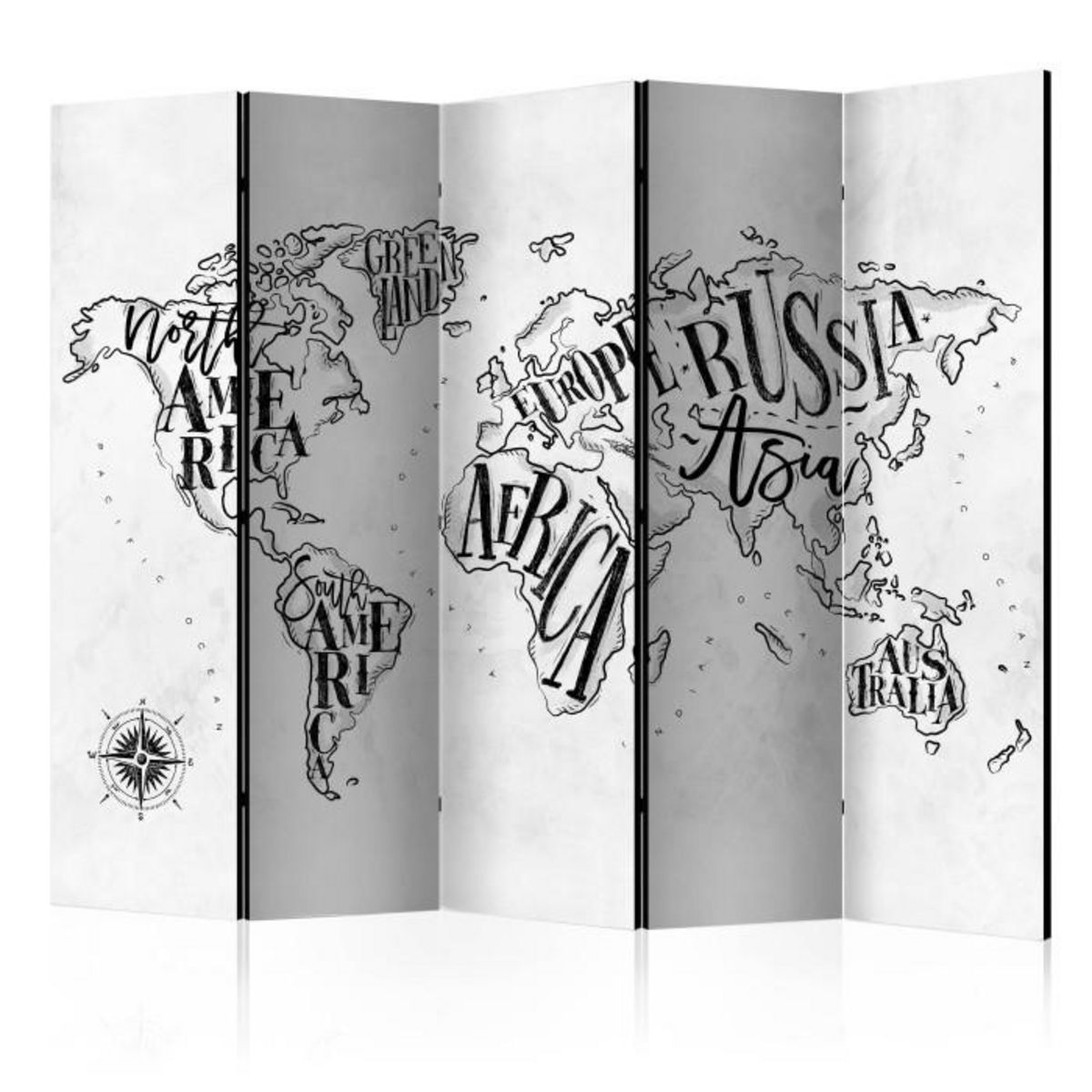 Paris Prix Paravent 5 Volets  Retro Continents Grey  172x225cm