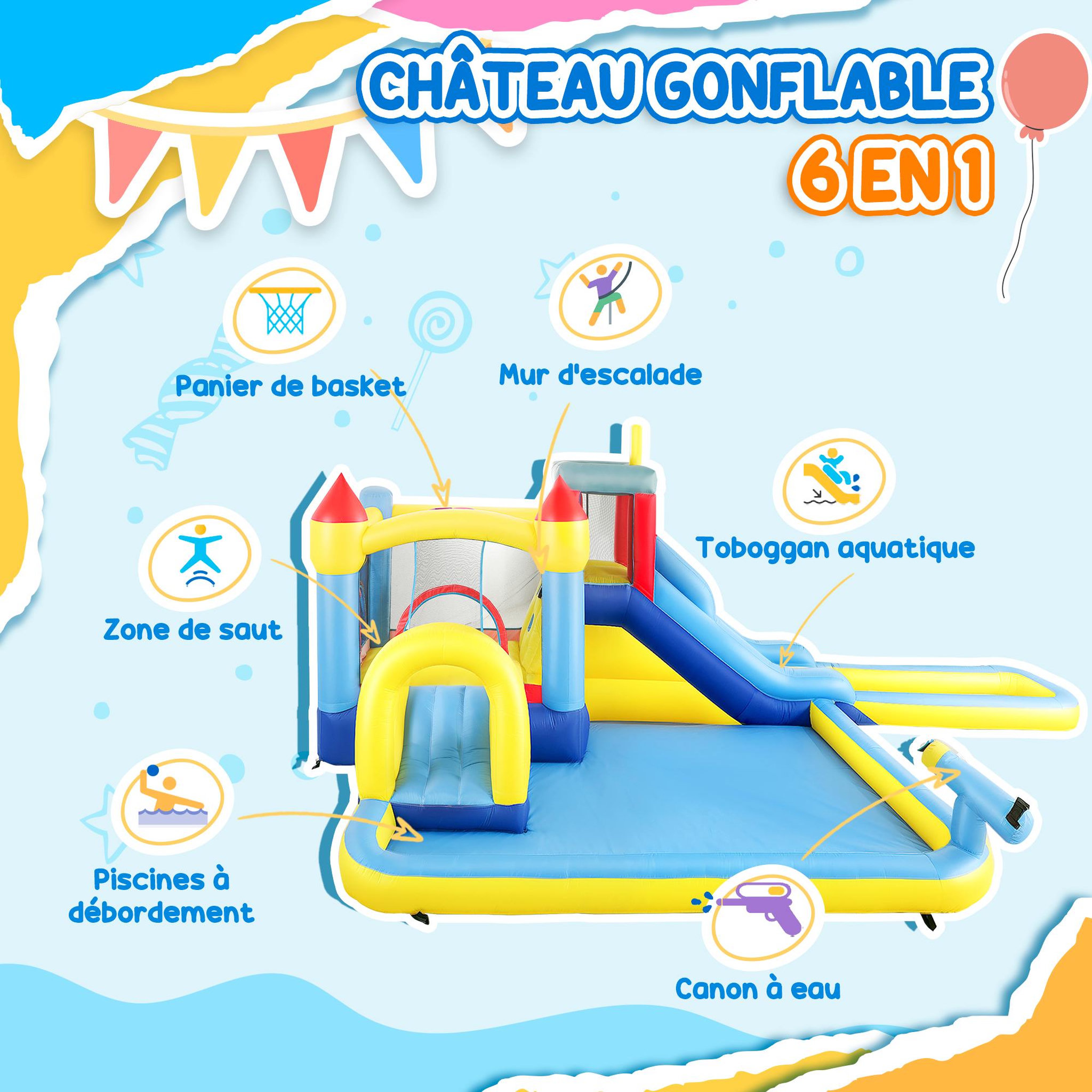 Voir la diapositive 3 : HOMCOM Château gonflable enfant 6 en 1 - toboggan, trampoline, panier basket-ball, piscine, mur, pistolet - nombreux accesoires