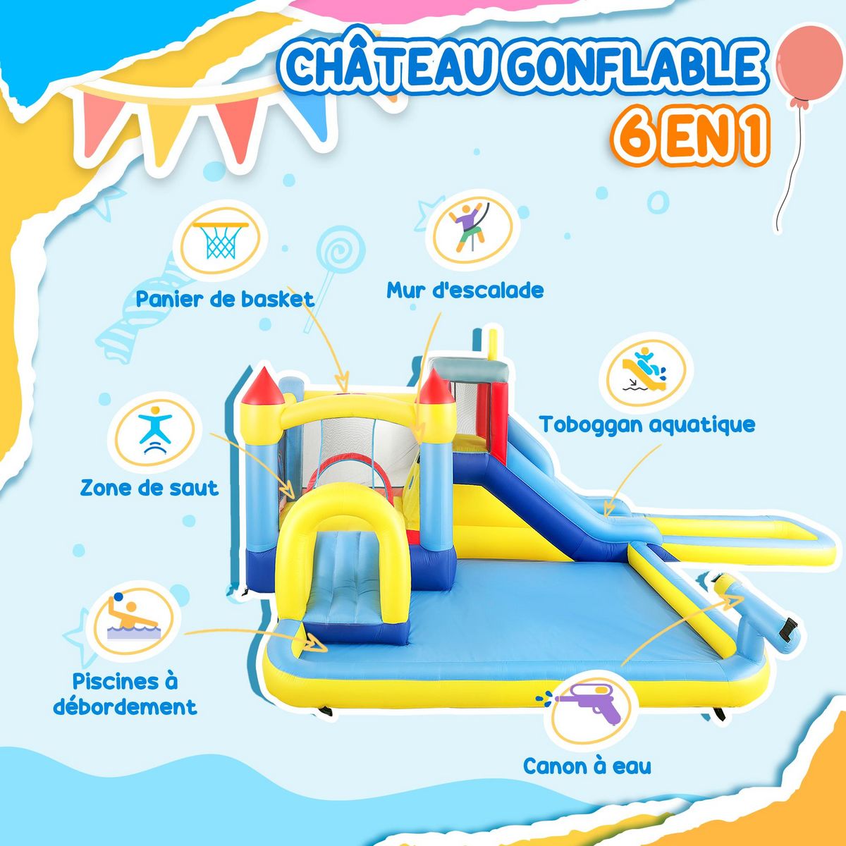 HOMCOM Château gonflable enfant 6 en 1 - toboggan, trampoline, panier basket-ball, piscine, mur, pistolet - nombreux accesoires