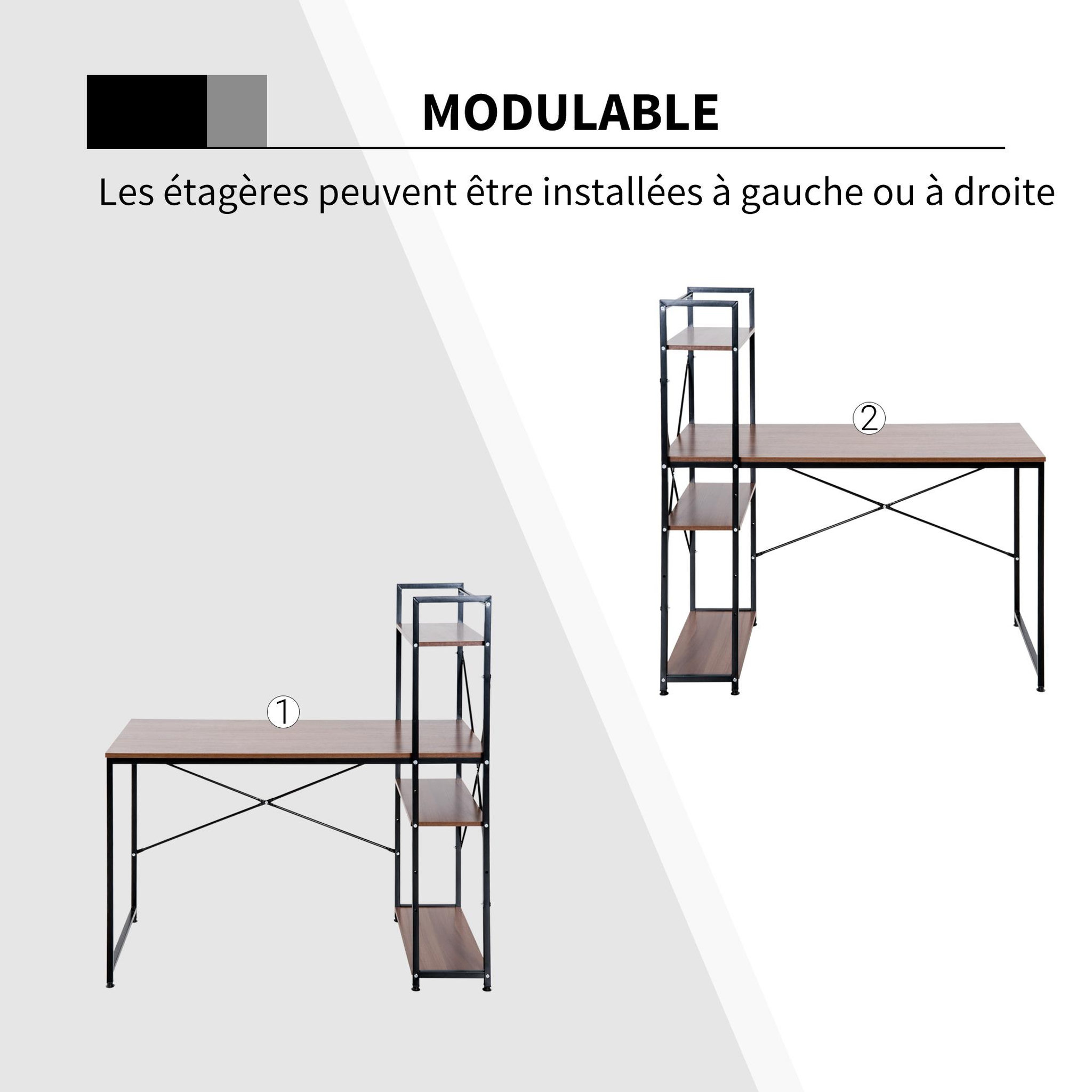 Voir la diapositive 6 : HOMCOM Bureau informatique design industriel avec bibliothèque 3 étagères panneaux particules aspect noyer métal noir