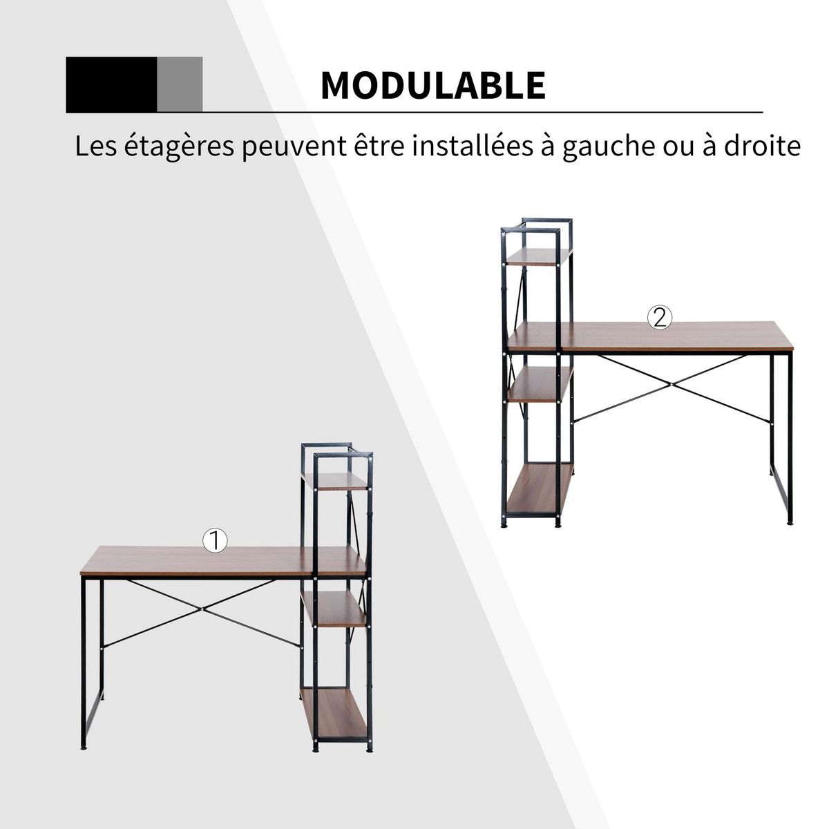 HOMCOM Bureau informatique design industriel avec bibliothèque 3 étagères panneaux particules aspect noyer métal noir