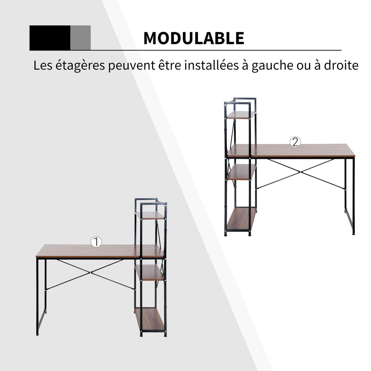 HOMCOM Bureau informatique design industriel avec bibliothèque 3 étagères panneaux particules aspect noyer métal noir