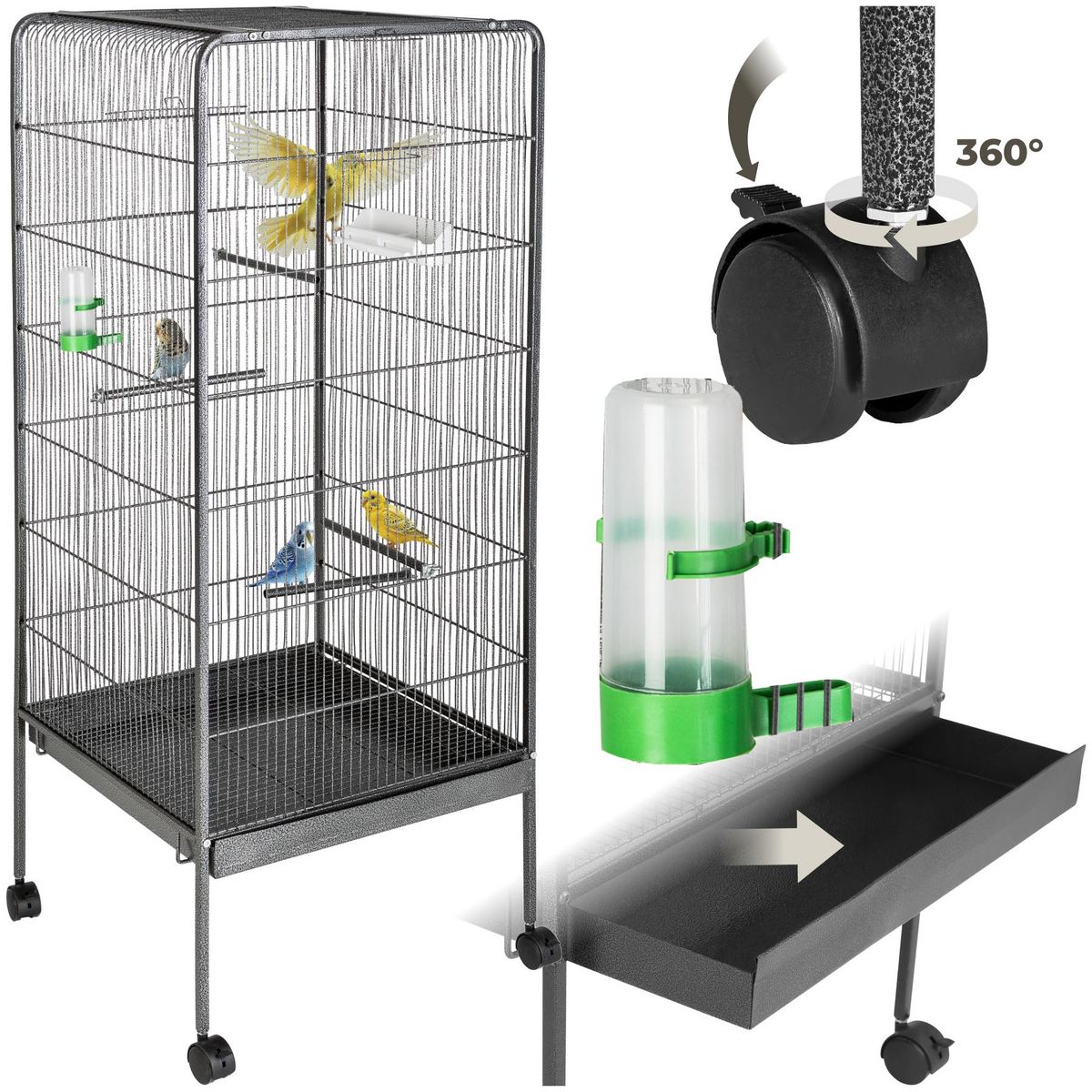 tectake Cage à oiseaux en finition martelée gris anthracite