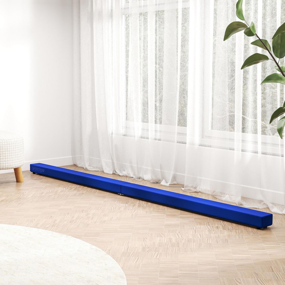 HOMCOM Poutre gymnastique pliable 240 cm - poutre d'équilibre antidérapante - bois de pin revêtement flanelle bleu