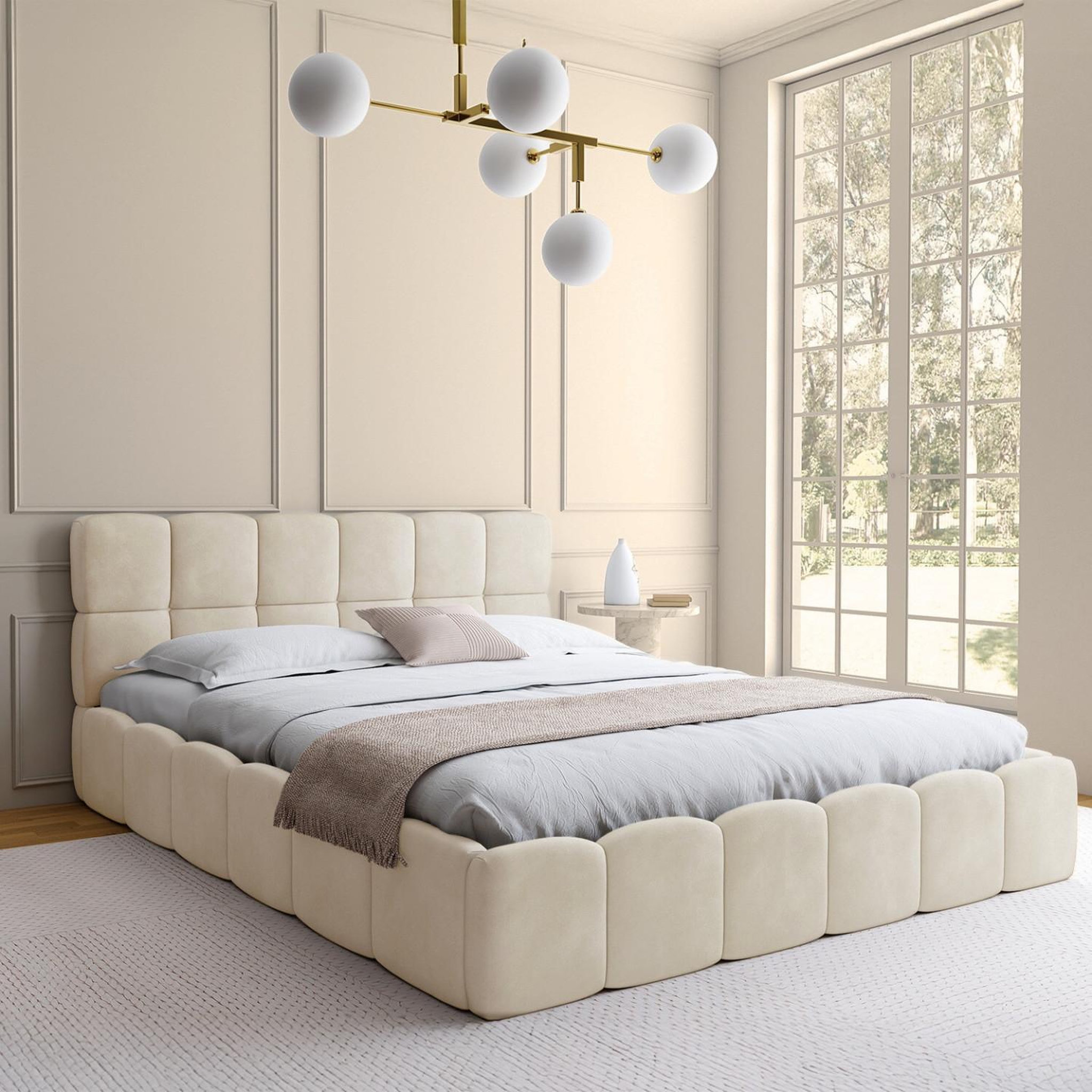 Voir la diapositive 4 : ID MARKET Lit coffre double nuage avec tête de lit matelassée et sommier 160 x 200 cm velours beige