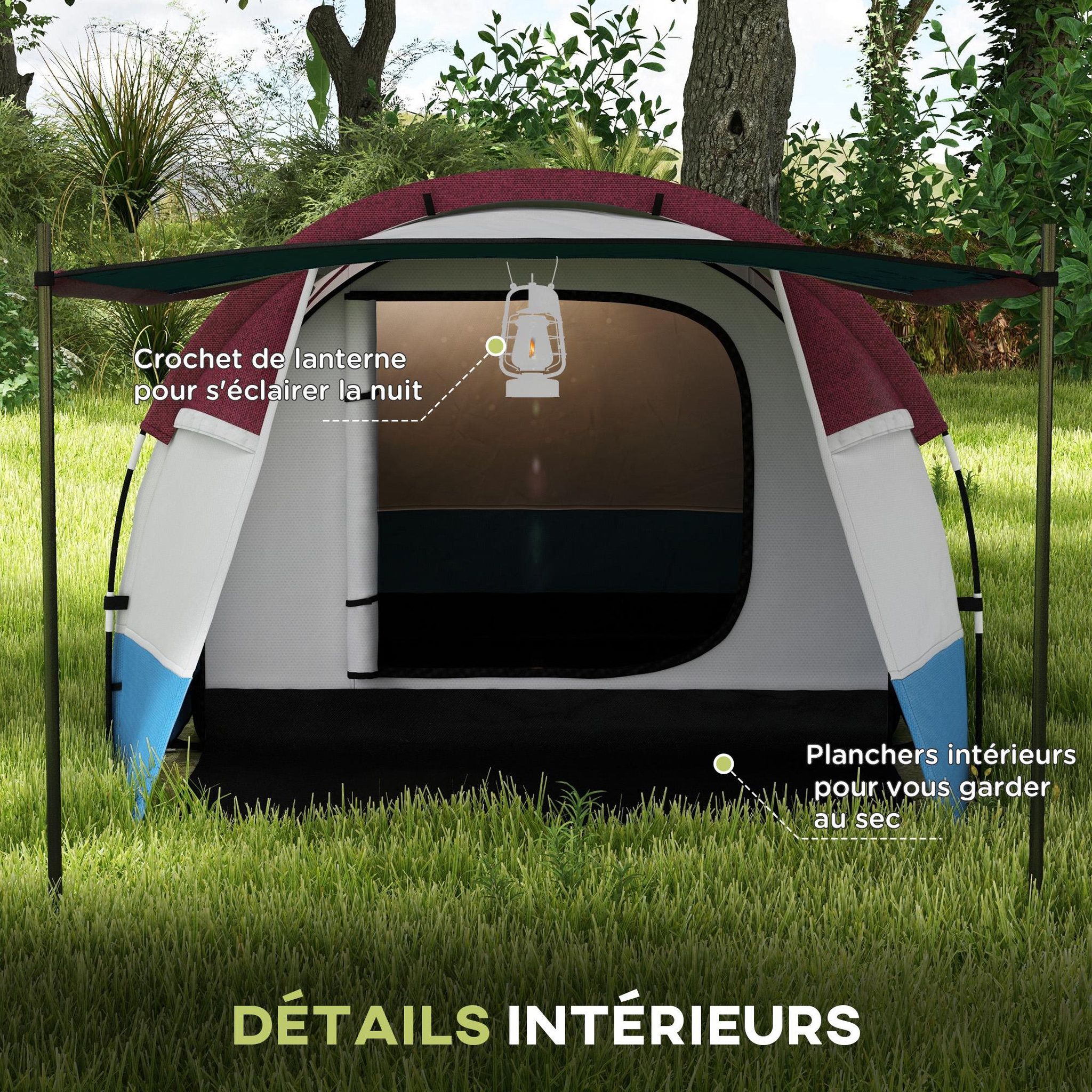 Voir la diapositive 6 : OUTSUNNY Tente de camping 2-3 pers. Porche étanche 2000 mm 3 portes sac de transport rouge