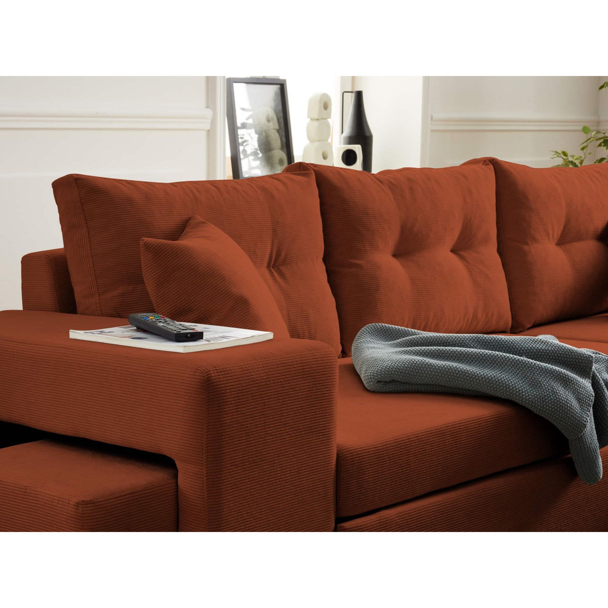 BEST MOBILIER California - canapé d'angle réversible convertible - avec coffre, tablette et poufs - en velours côtelé - 4 places