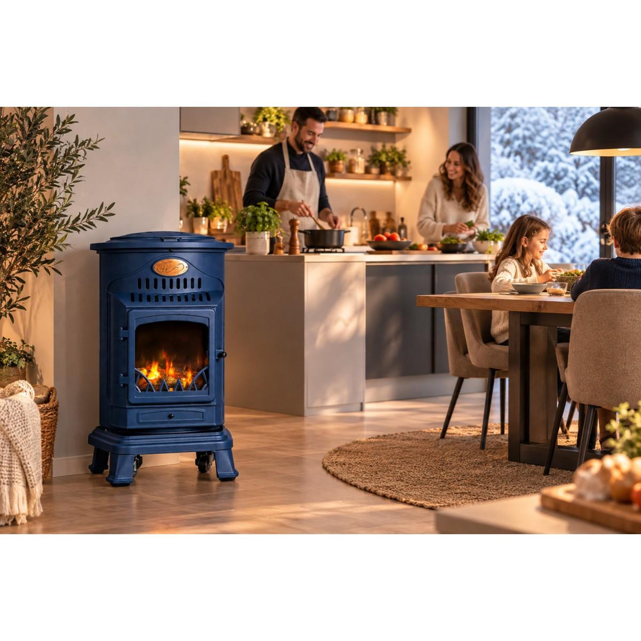 Voir la diapositive 4 : SAHARA Poêle à gaz 3,4kw fonte véritable – chauffage d'appoint design bleu saphir mat - effet feu de bois, sur roues provence sahara