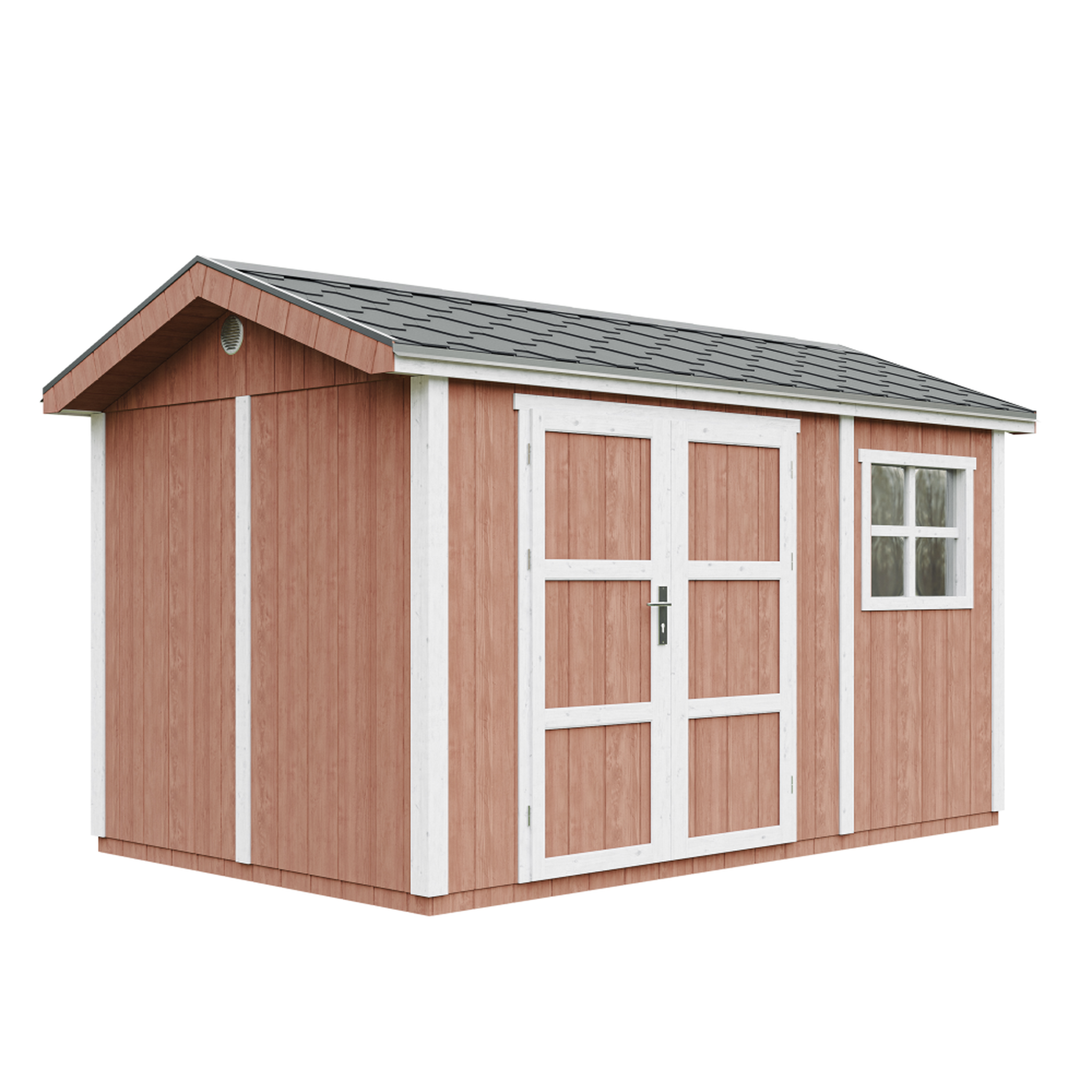 Voir la diapositive 1 : TIMBELA Abri de Jardin Qualité Premium 8,68 m² H252x250x412cm Avec un sol et des bardeaux bitumineux M914A