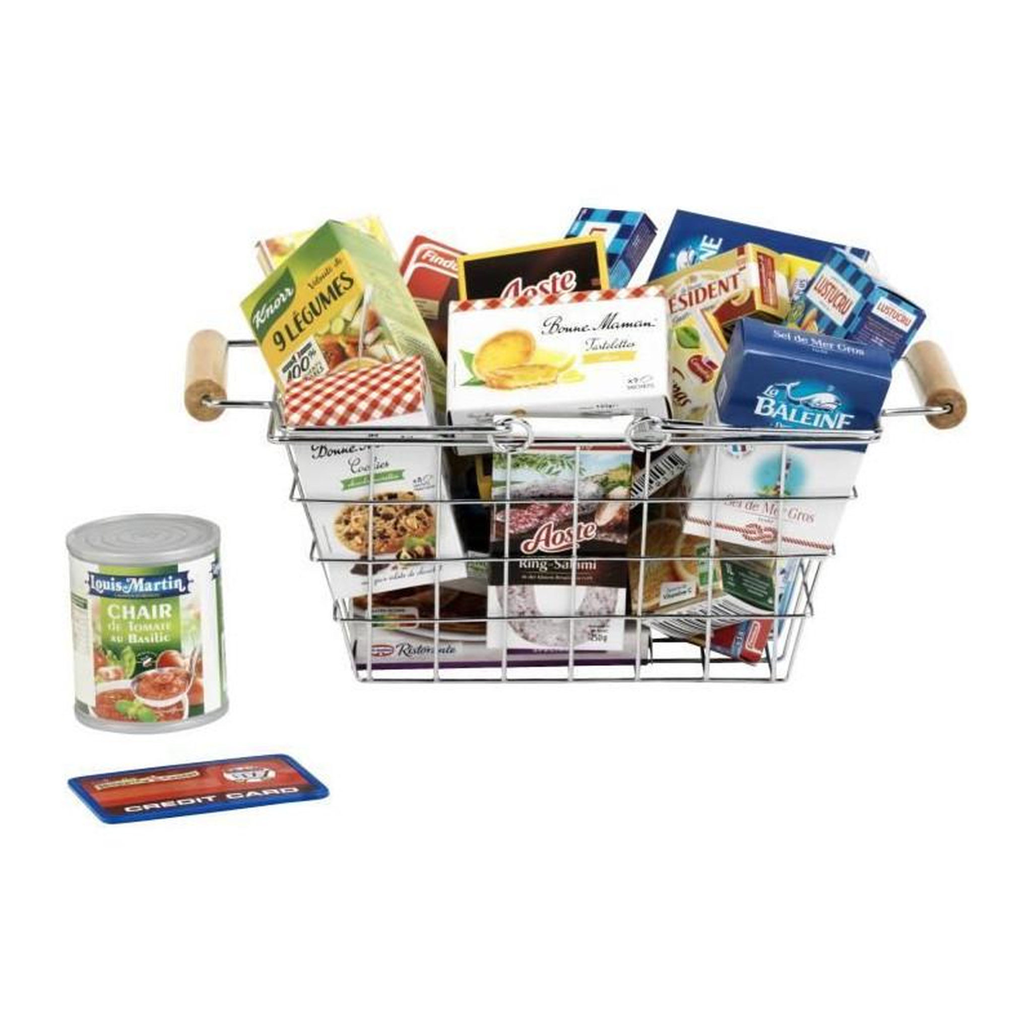 Voir la diapositive 2 : Klein Jouet d'épicerie - KLEIN - Panier a provisions en métal garni de boîtes - Garni de boîtes d'aliments factices.