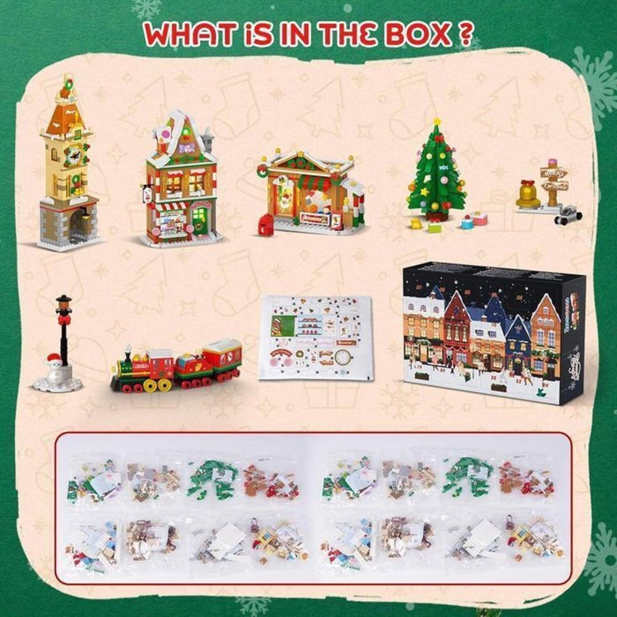 Voir la diapositive 2 : Kit calendrier de l'Avent 2026 INSOON en briques de construction de Noël, 1 759 pièces, 24 jours, 3 bâtiments avec lumières LED chaudes