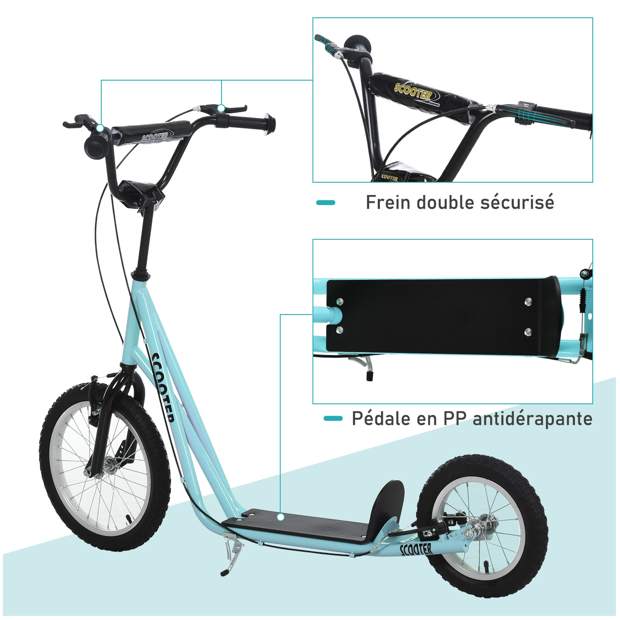 Voir la diapositive 6 : HOMCOM Trottinette patinette freestyle grandes roues pneumatiques Ø 40 et 30 cm hauteur guidon réglable frein AV/AR béquille acier bleu ciel noir