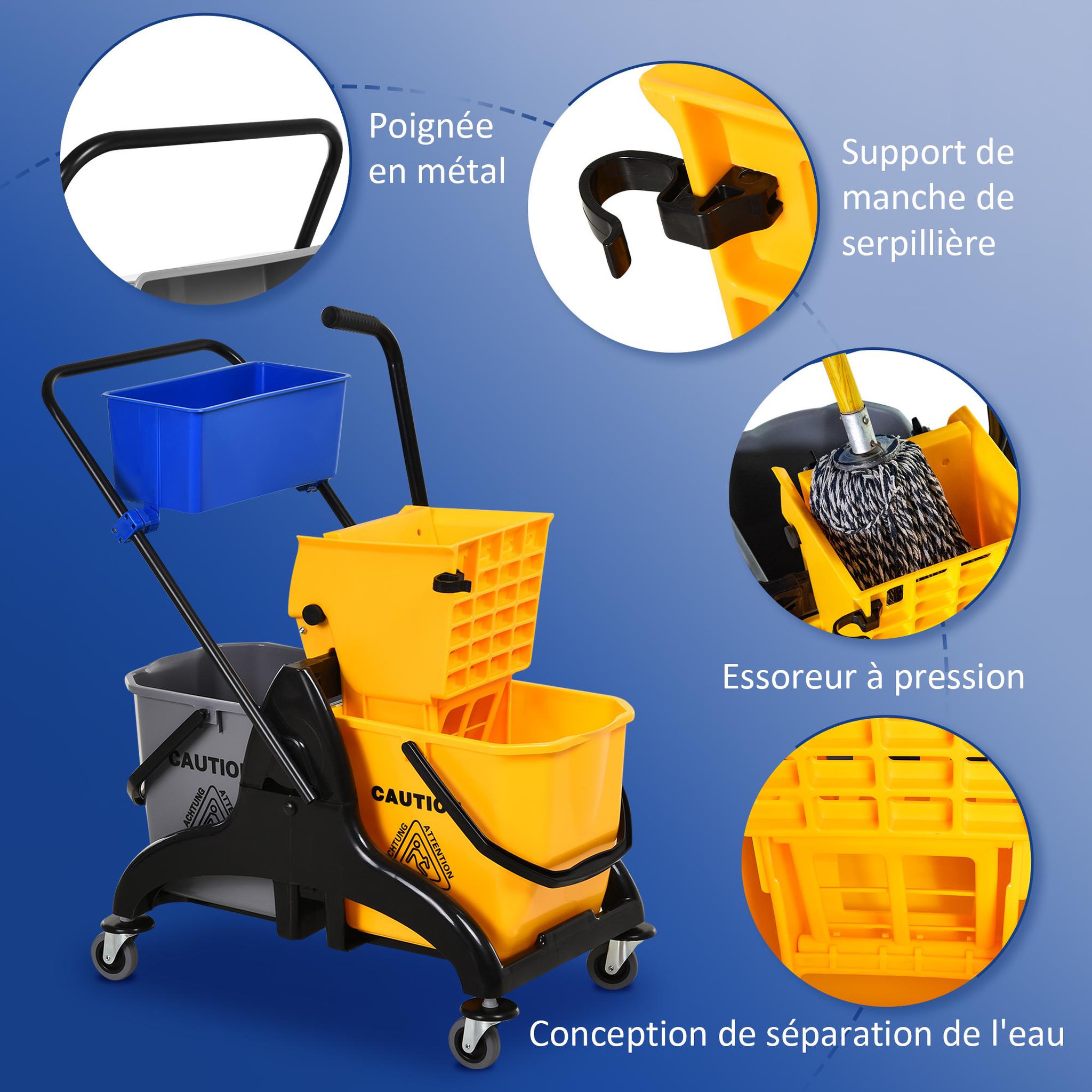 Voir la diapositive 4 : HOMCOM Chariot de lavage chariot de nettoyage professionnel presse à mâchoire 2 seaux + rangement jaune bleu