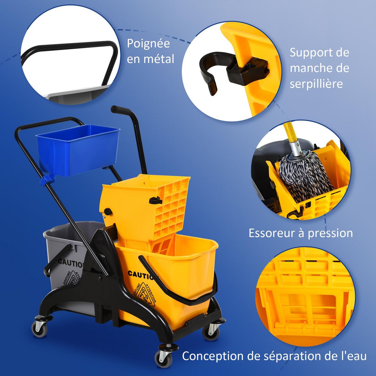 HOMCOM Chariot de lavage chariot de nettoyage professionnel presse à mâchoire 2 seaux + rangement jaune bleu