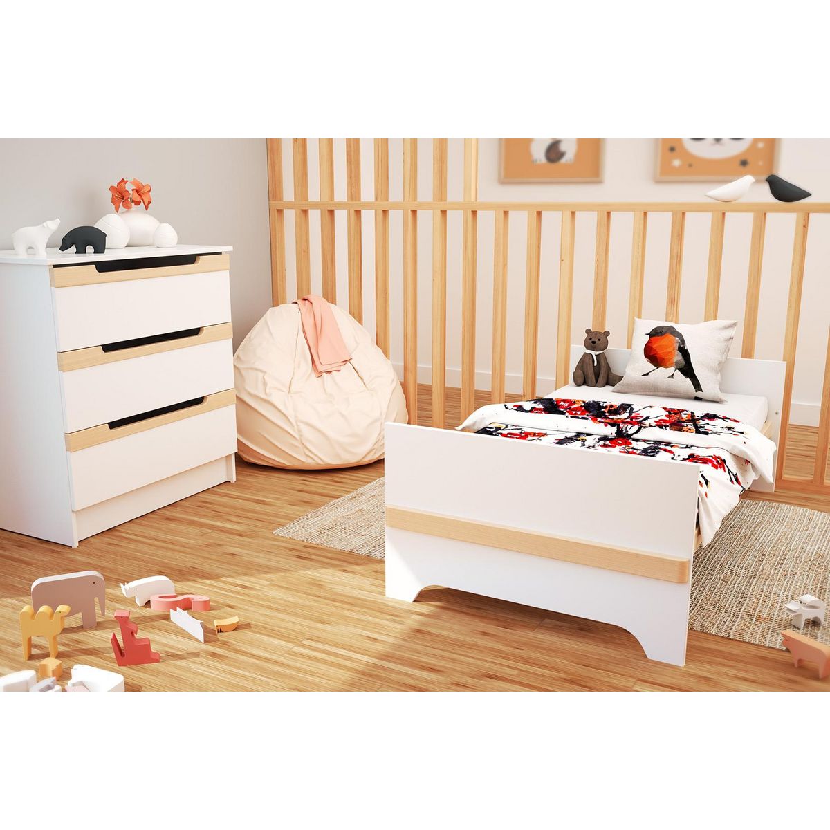 AT4 Lit bébé évolutif en bois CARROUSEL Blanc et Hêtre Verni 70 x 140 cm