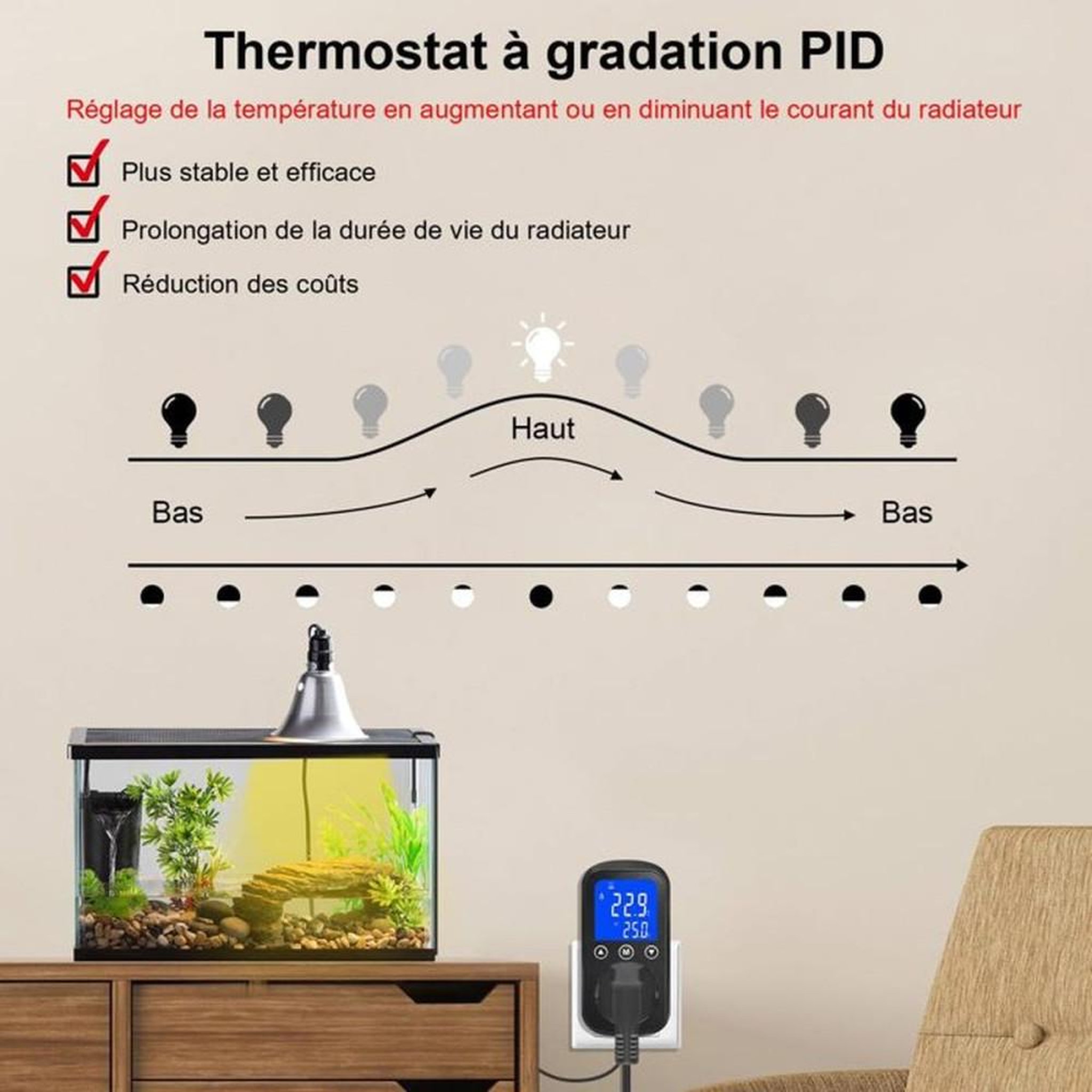 Voir la diapositive 3 : Contrôleur de température numérique PID avec écran LCD rétroéclairé et sonde CTN NTC étanche 2 m, jusqu'à 2 A (460 W)