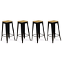 Voir la diapositive 5 : ID MARKET Lot de 4 tabourets de bar LENY métal noir mat assise bois empilable aspect brut factory