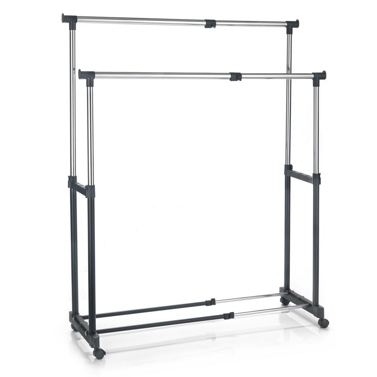 IDIMEX Portant à vêtements CASA en métal chromé et noir, penderie double sur roulettes avec 2 barres hauteur et longueur réglables
