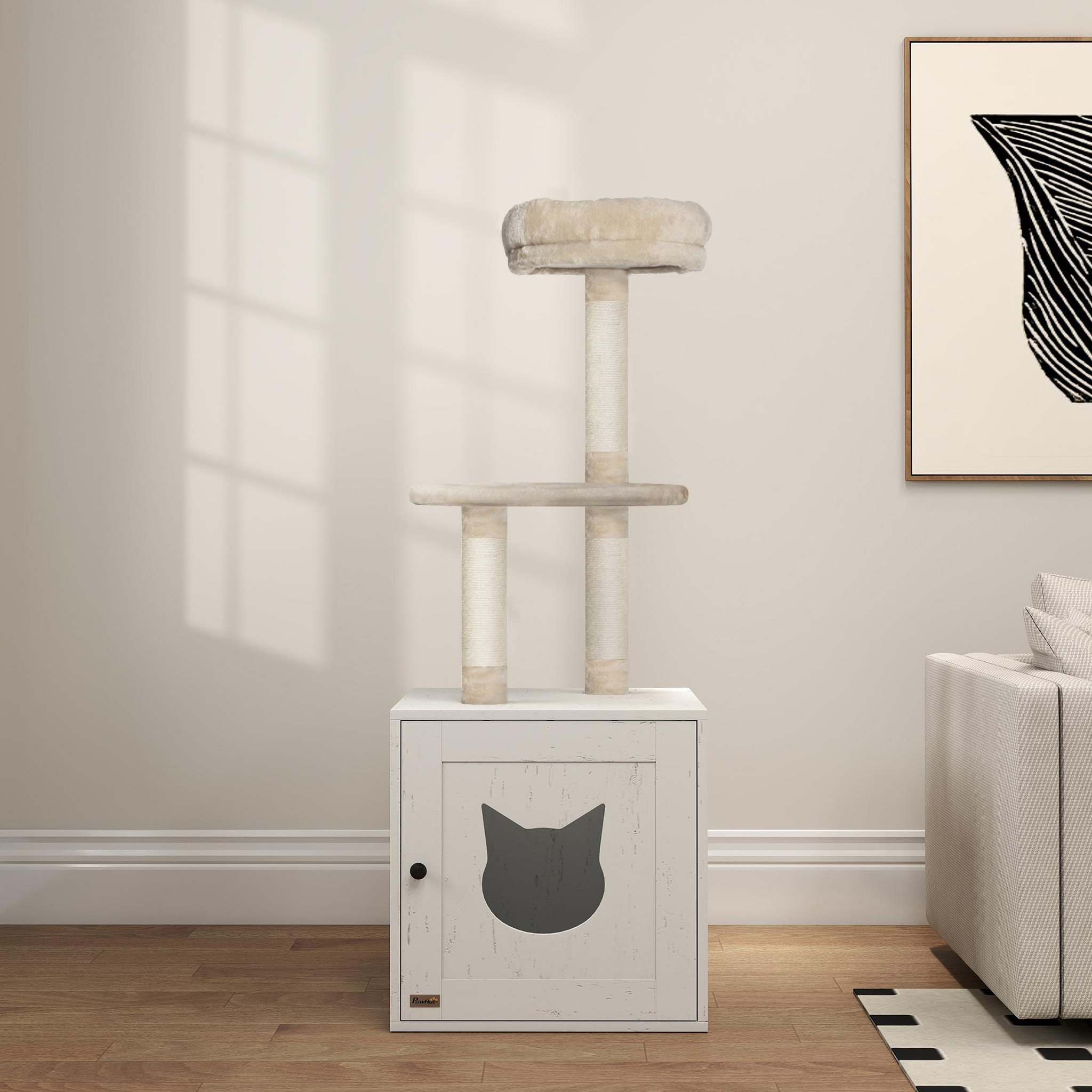 Voir la diapositive 5 : PAWHUT Arbre à chat maison de toilette 2 en 1 - h.129 cm - porte tête de chat - plateforme panier observation - blanc crème