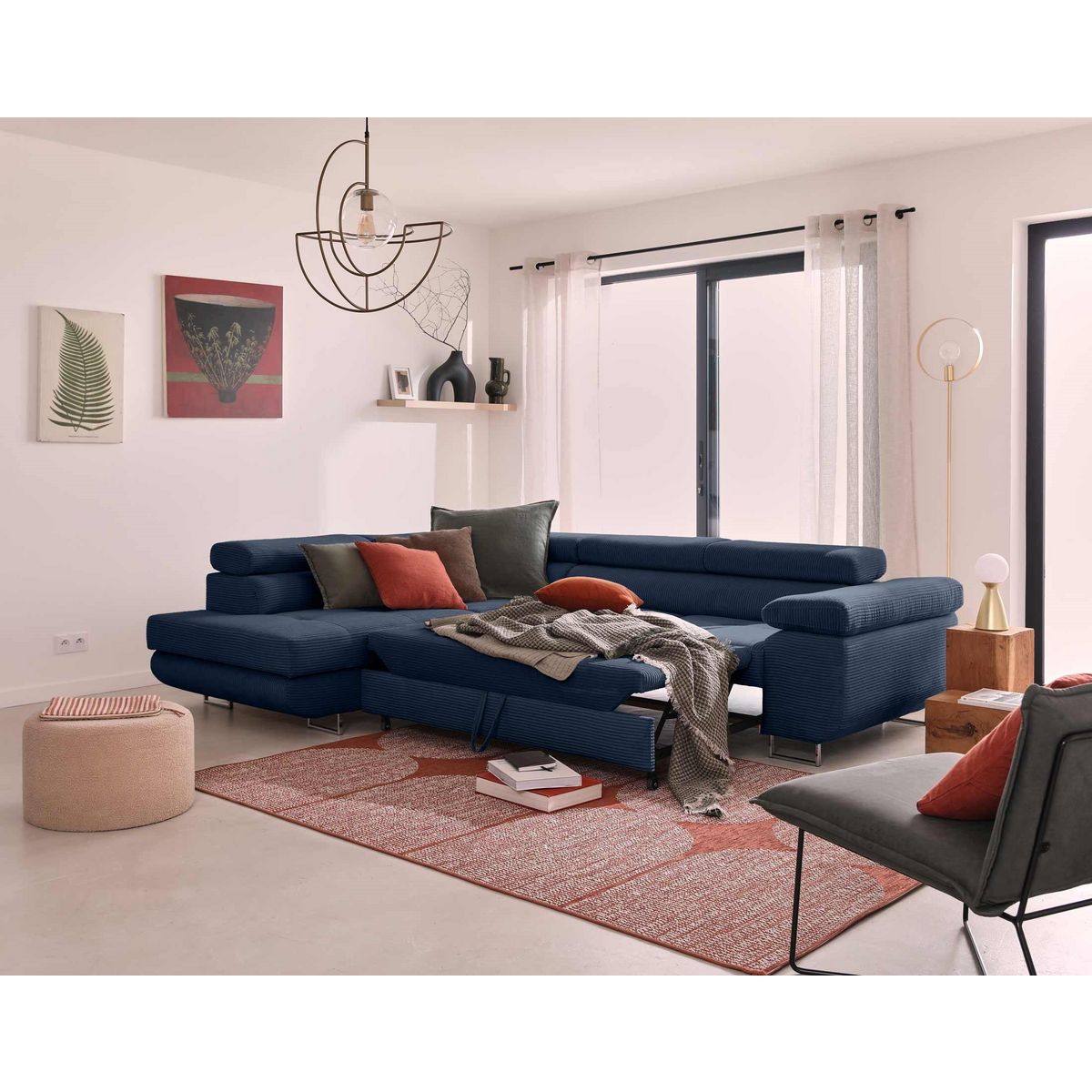 BEST MOBILIER Zaria - canapé d'angle gauche - convertible avec coffre et têtières réglables - 5 places - en velours côtelé