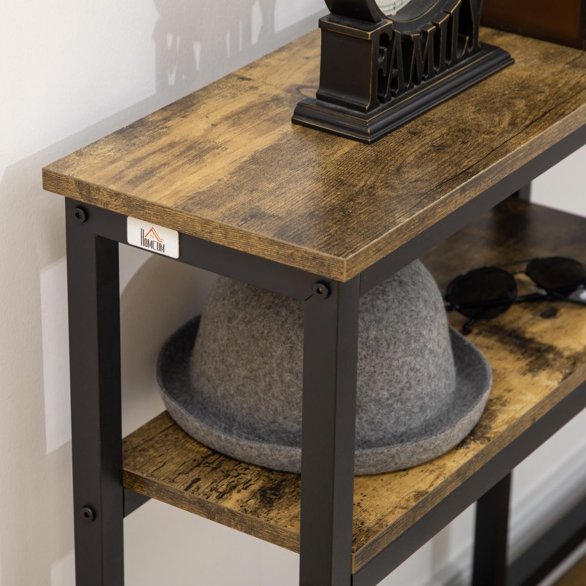 HOMCOM Console design industriel 2 étagères acier noir panneaux aspect bois vieilli