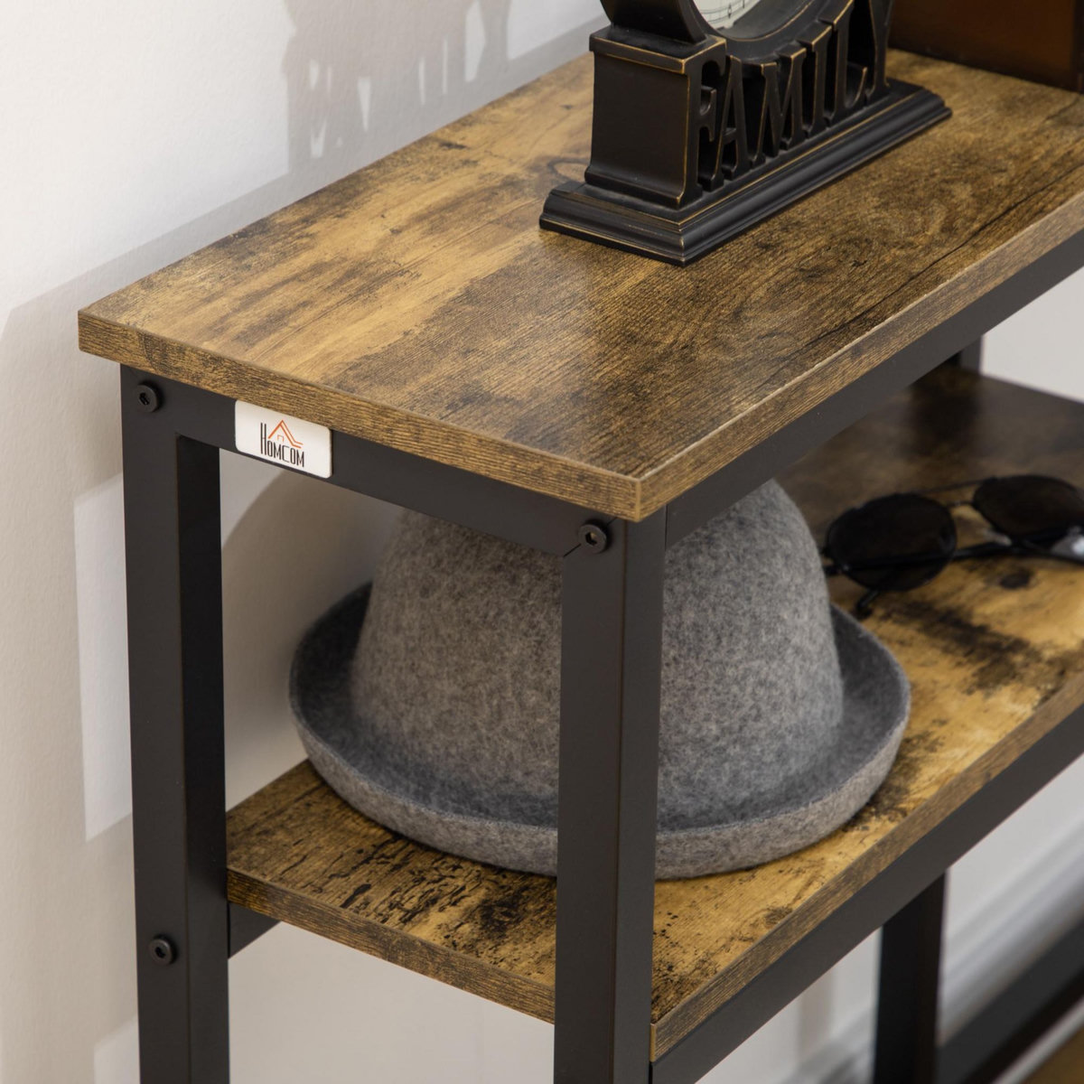 HOMCOM Console design industriel 2 étagères acier noir panneaux aspect bois vieilli
