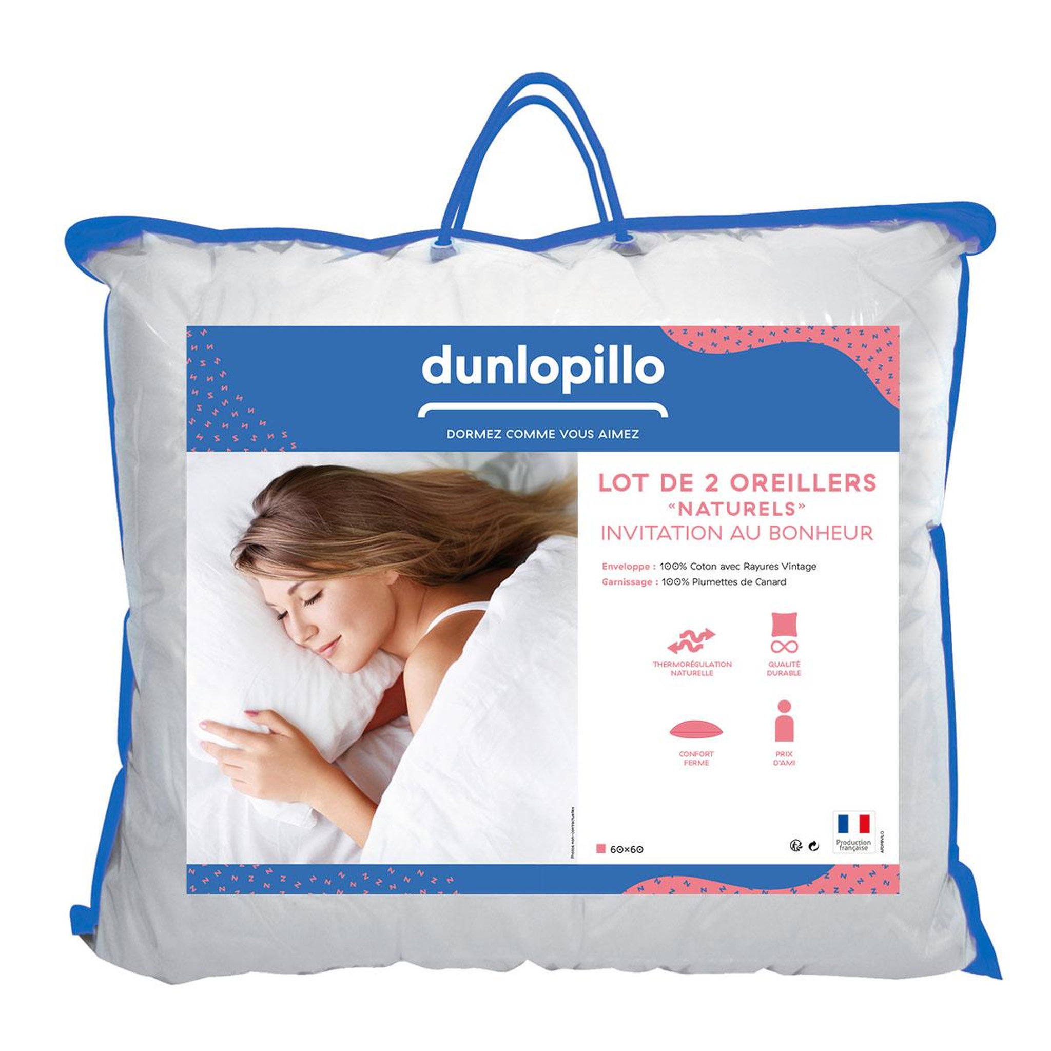 DUNLOPILLO Lot de 2 oreillers invitation au bonheur - 100% plumettes. Coloris disponibles : Blanc