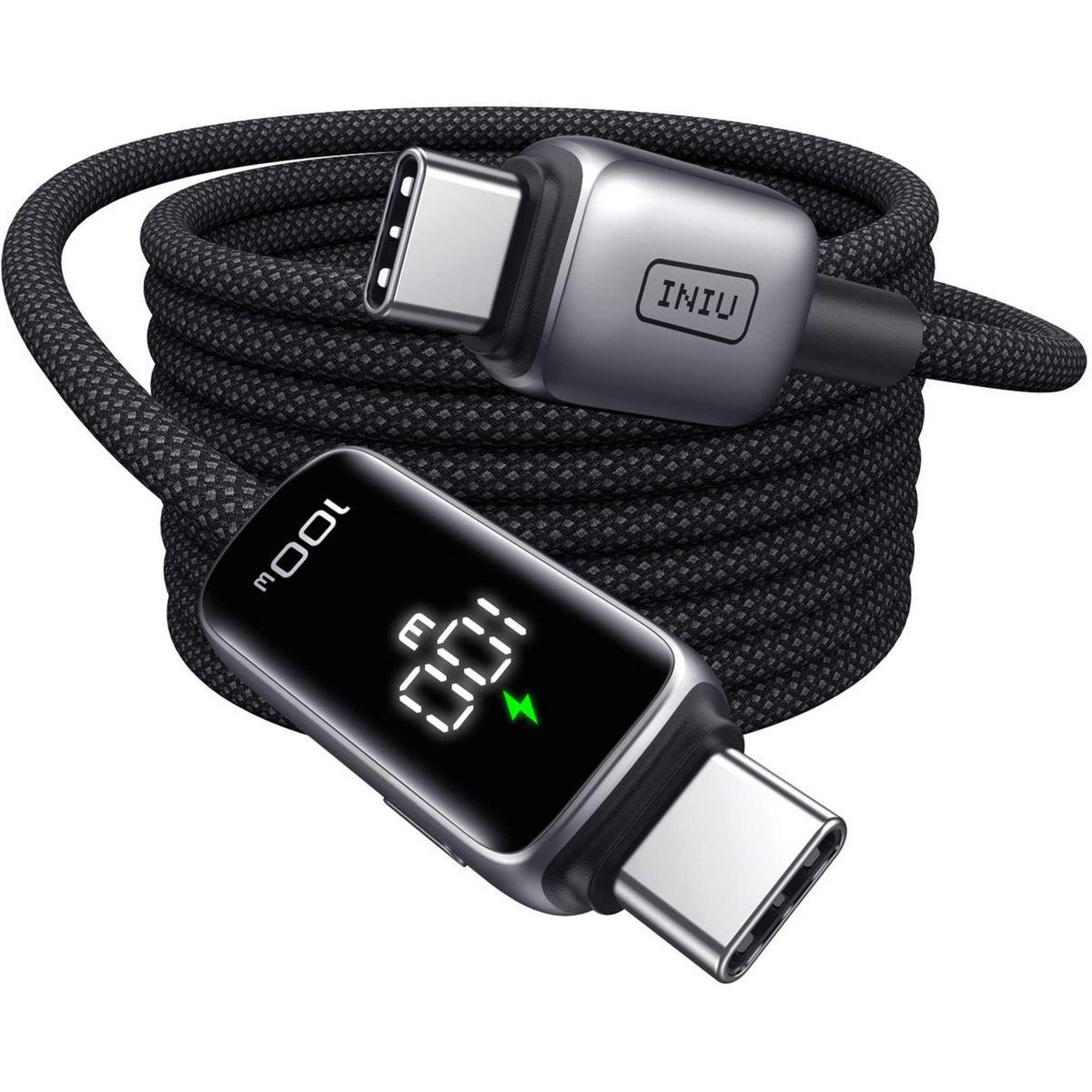 INIU Câble de charge vers USB-C 100W affichage digital noir